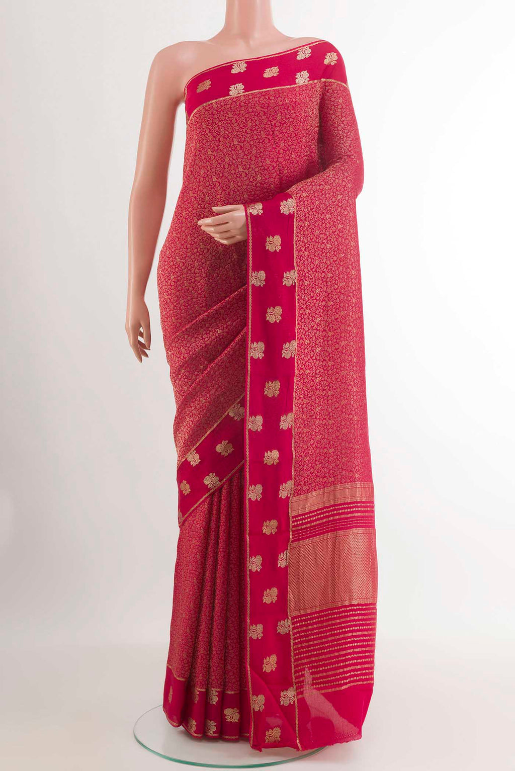 Pink Mysore Crepe Saree with Zari Brocade on the body and Zari Border.  displayed on a mannequin