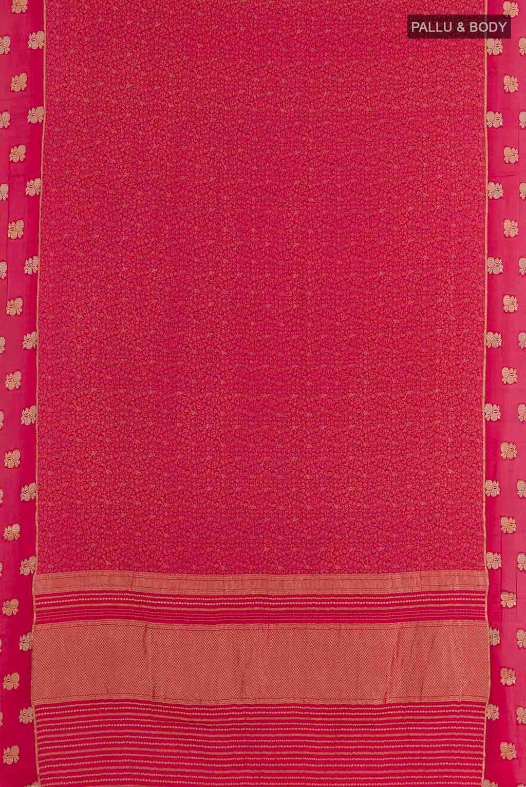Flat view of Pink Mysore Crepe Saree with Zari Brocade on the body and Zari Border. 