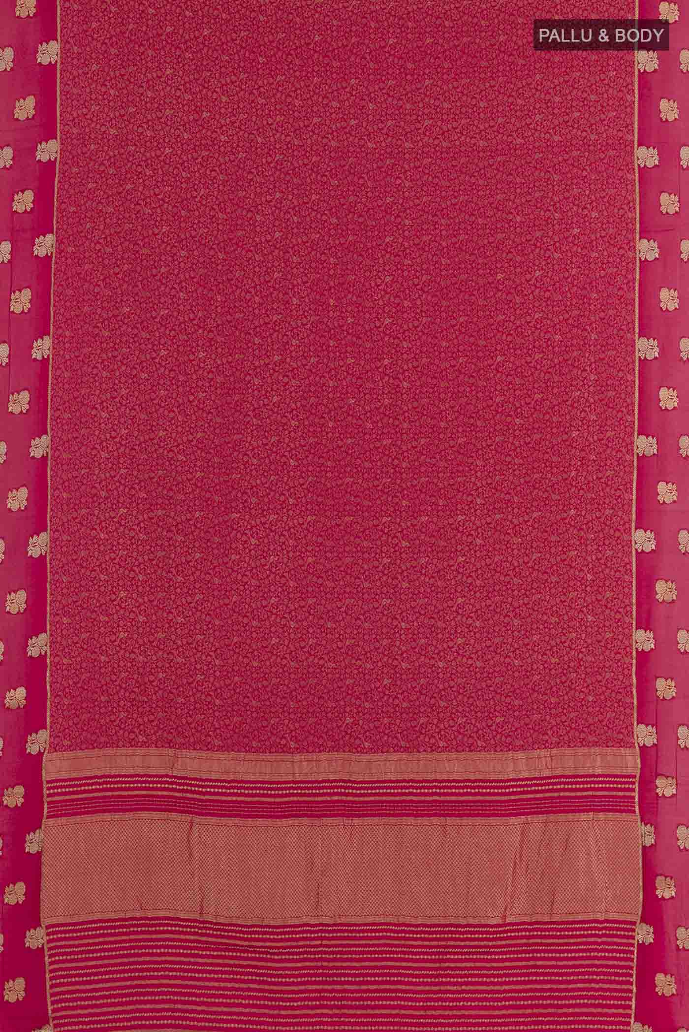 Flat view of Pink Mysore Crepe Saree with Zari Brocade on the body and Zari Border. 