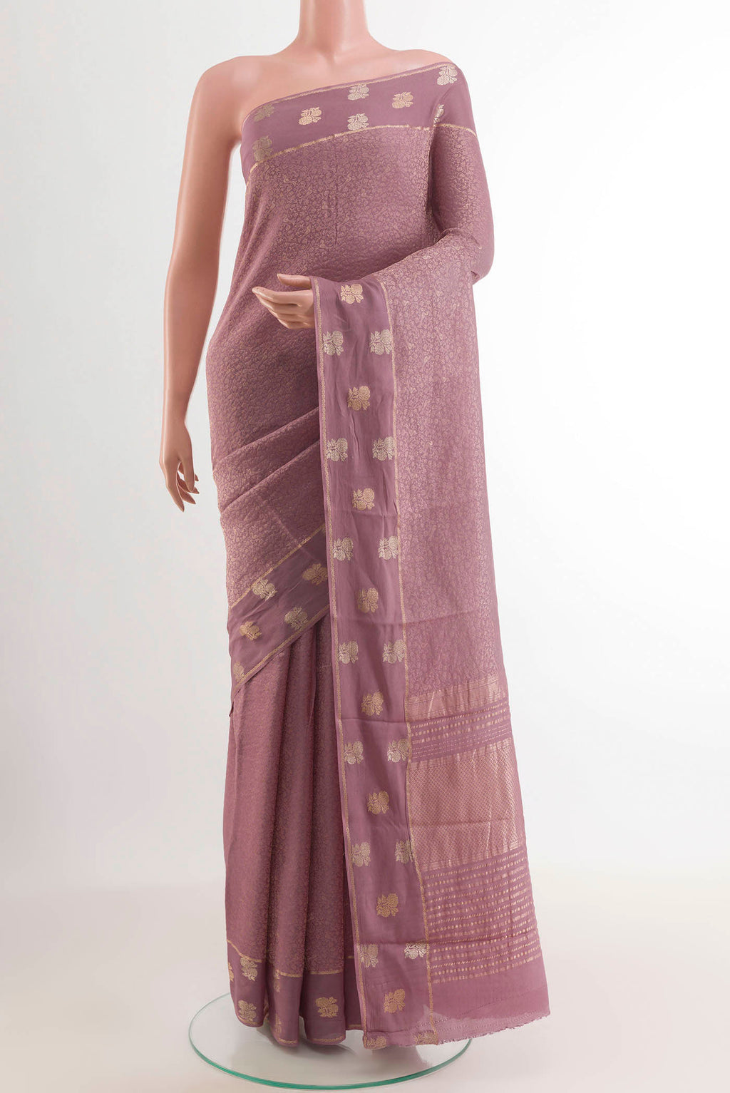 Lavender Mysore Crepe Saree with Zari Brocade on the body and Zari Border.  displayed on a mannequin