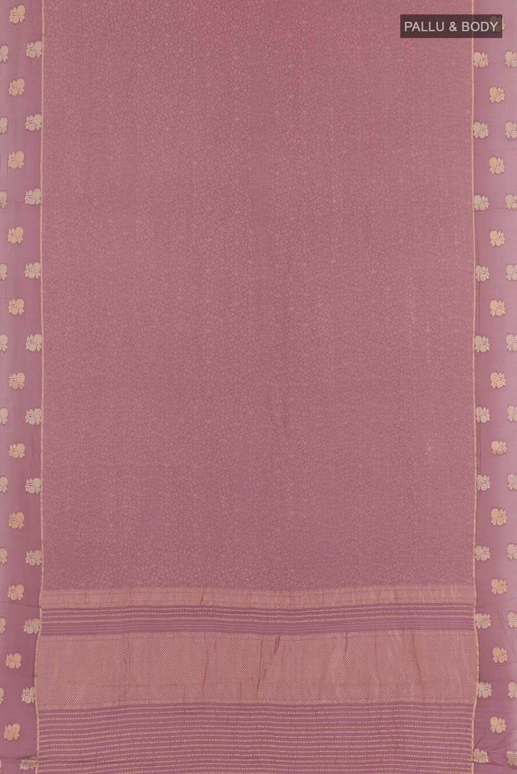 Flat view of Lavender Mysore Crepe Saree with Zari Brocade on the body and Zari Border. 