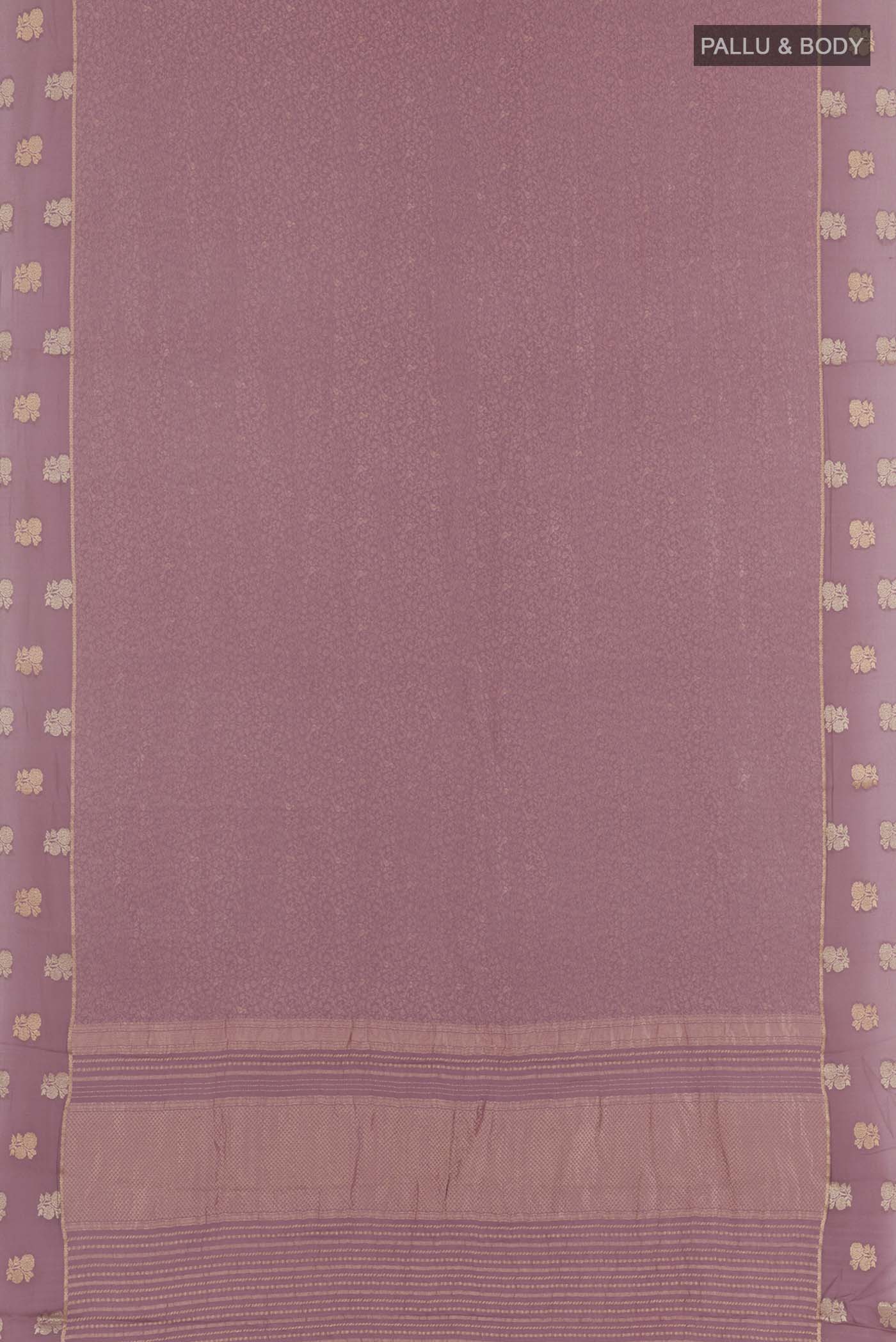 Flat view of Lavender Mysore Crepe Saree with Zari Brocade on the body and Zari Border. 