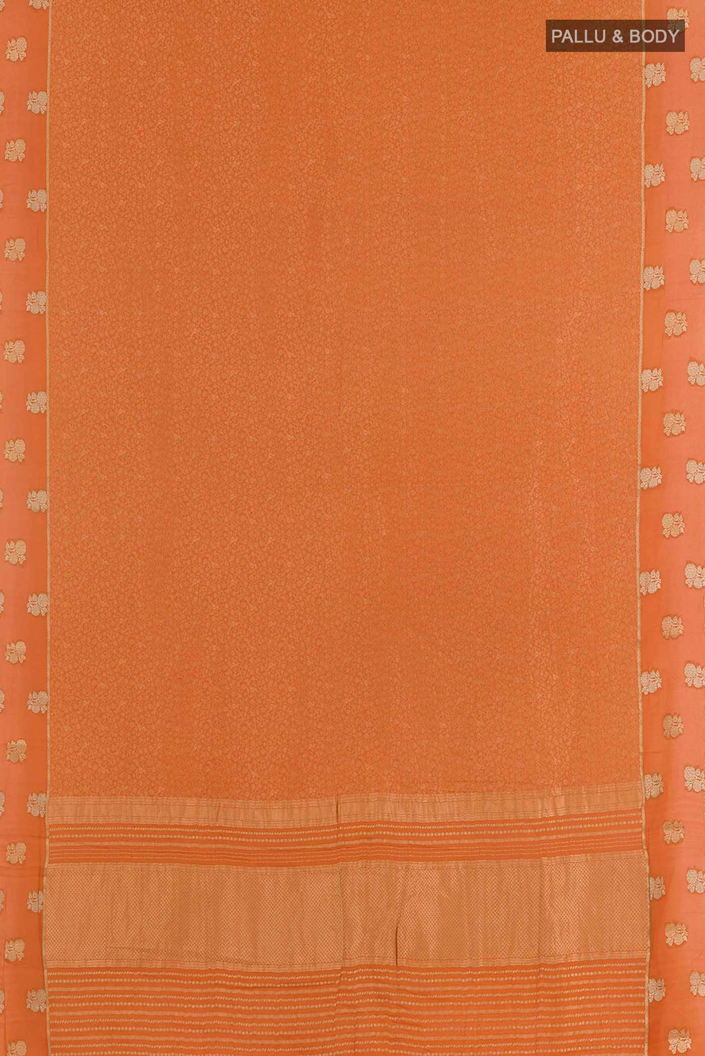 Flat view of Orange Mysore Crepe Saree with Zari Brocade on the body and Zari Border. 