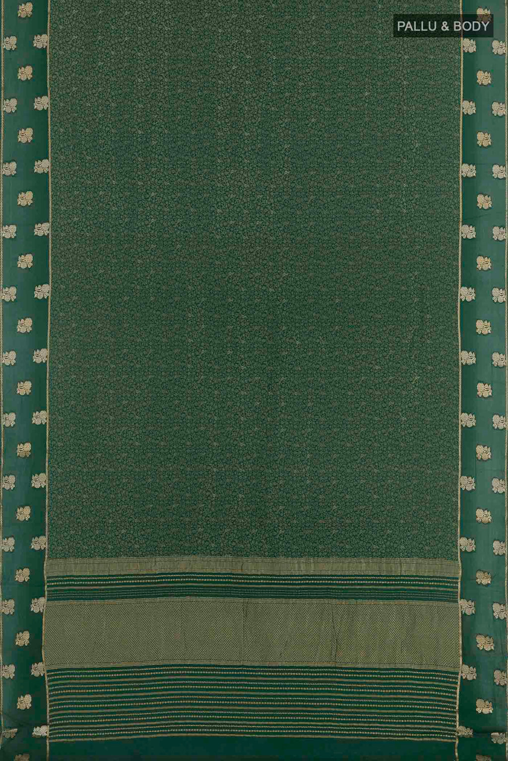 Flat view of Green Mysore Crepe Saree with Zari Brocade on the body and Zari Border. 