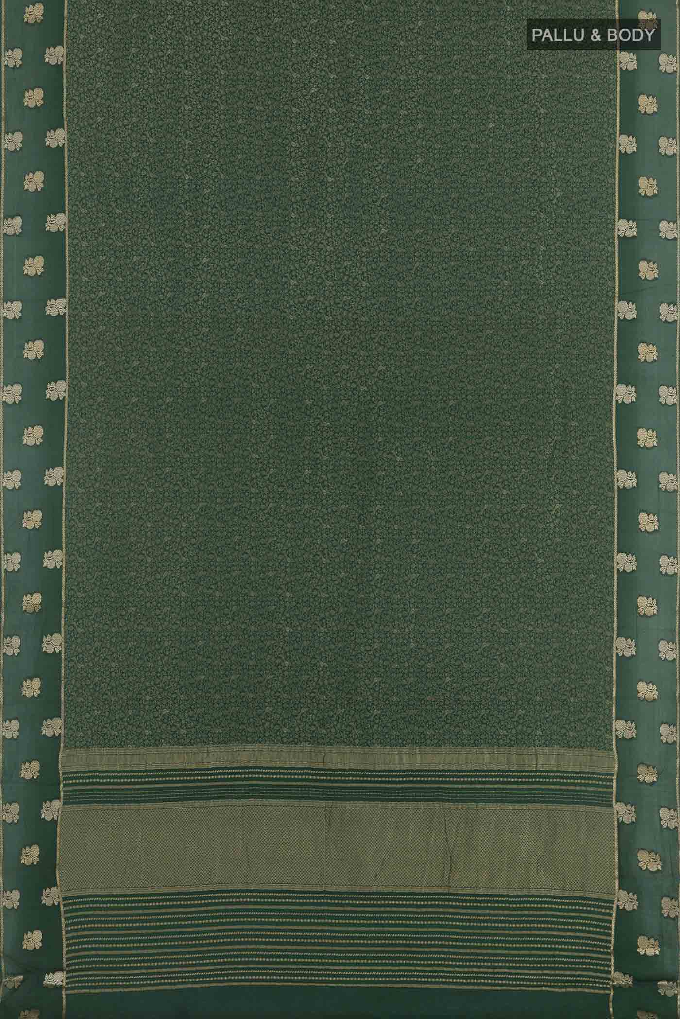 Flat view of Green Mysore Crepe Saree with Zari Brocade on the body and Zari Border. 