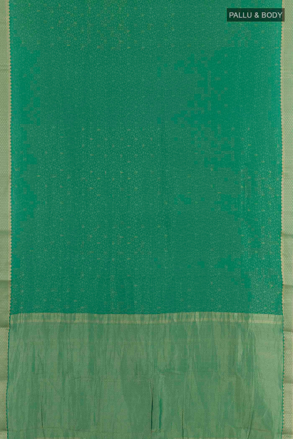 Flat view of Green Mysore Crepe Saree with Zari Brocade on the body and Zari Border. 