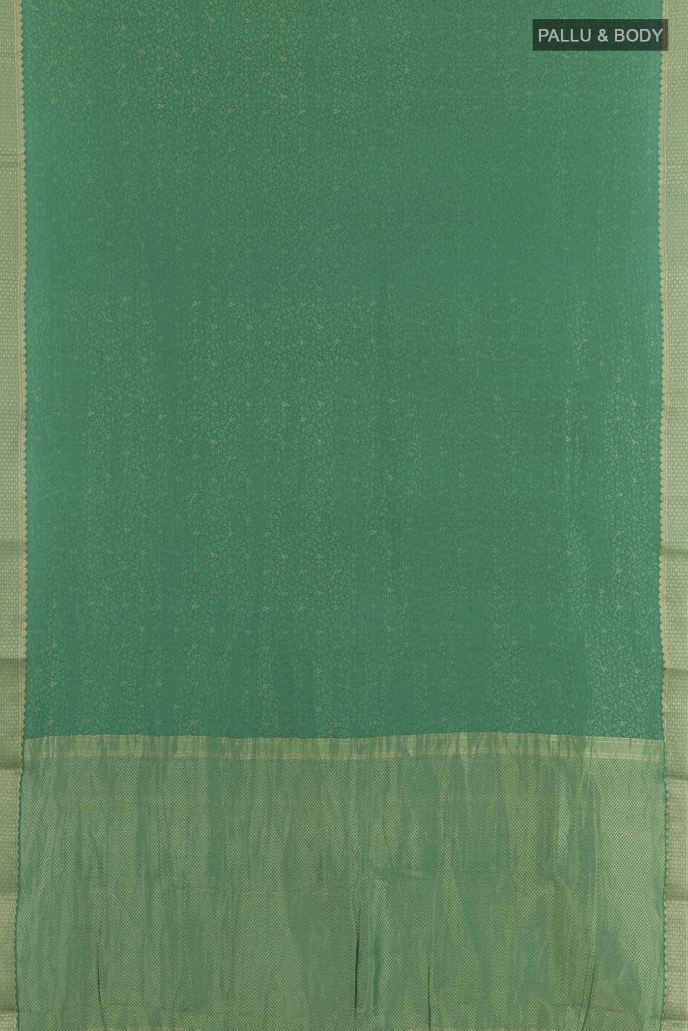 Flat view of Green Mysore Crepe Saree with Zari Brocade on the body and Zari Border. 