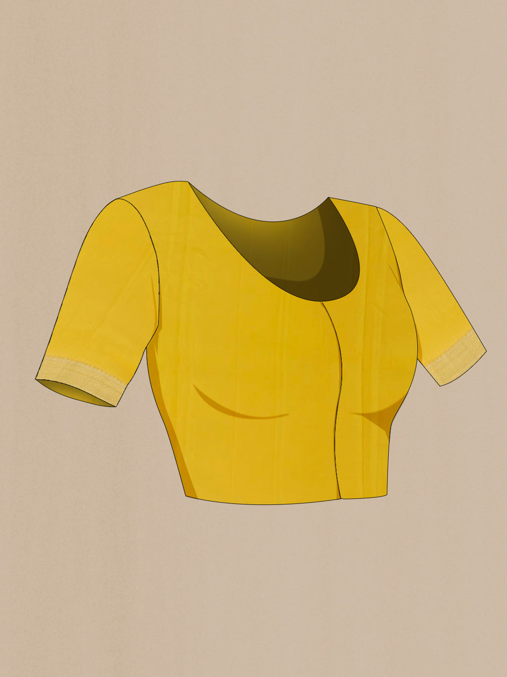 Close up image of the blouse of Yellow Mysore Crepe Saree with Zari Brocade on the body and Zari Border. 