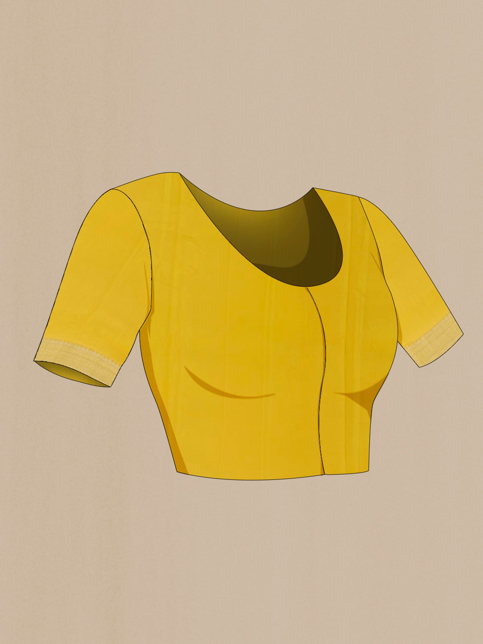 Close up image of the blouse of Yellow Mysore Crepe Saree with Zari Brocade on the body and Zari Border. 