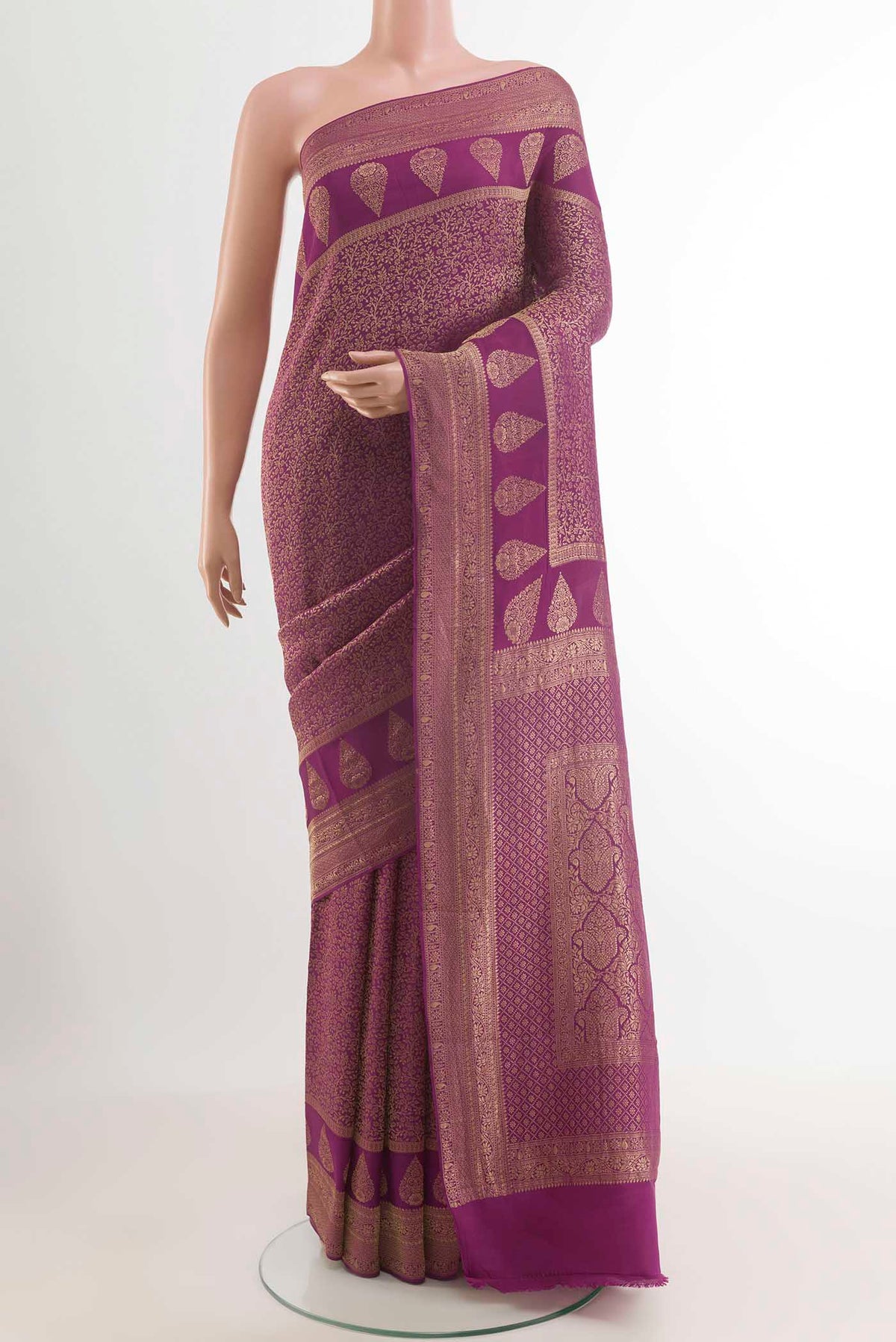 Purple Mysore Crepe Saree with Zari Brocade on the body and Zari Border.  displayed on a mannequin