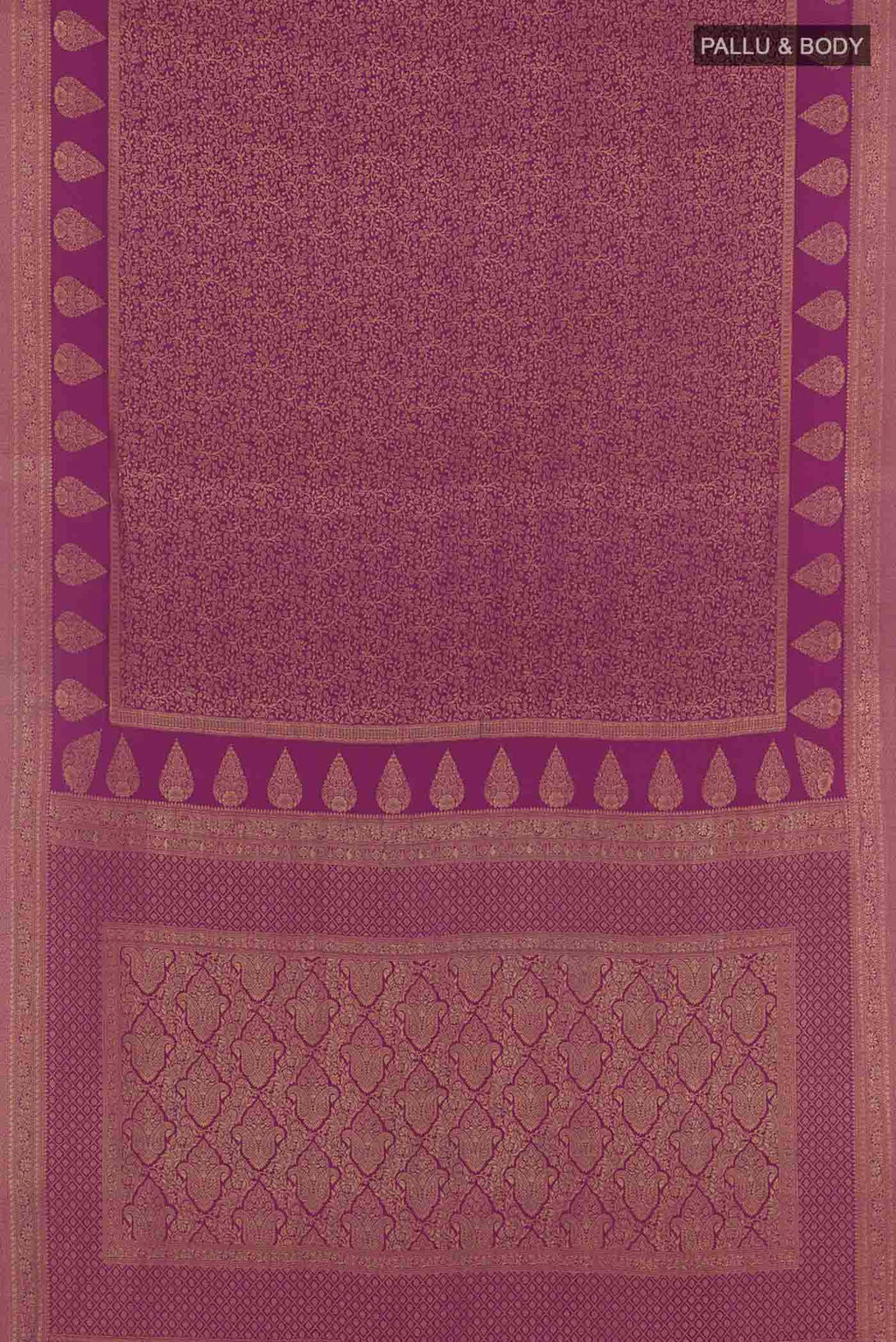 Flat view of Purple Mysore Crepe Saree with Zari Brocade on the body and Zari Border. 