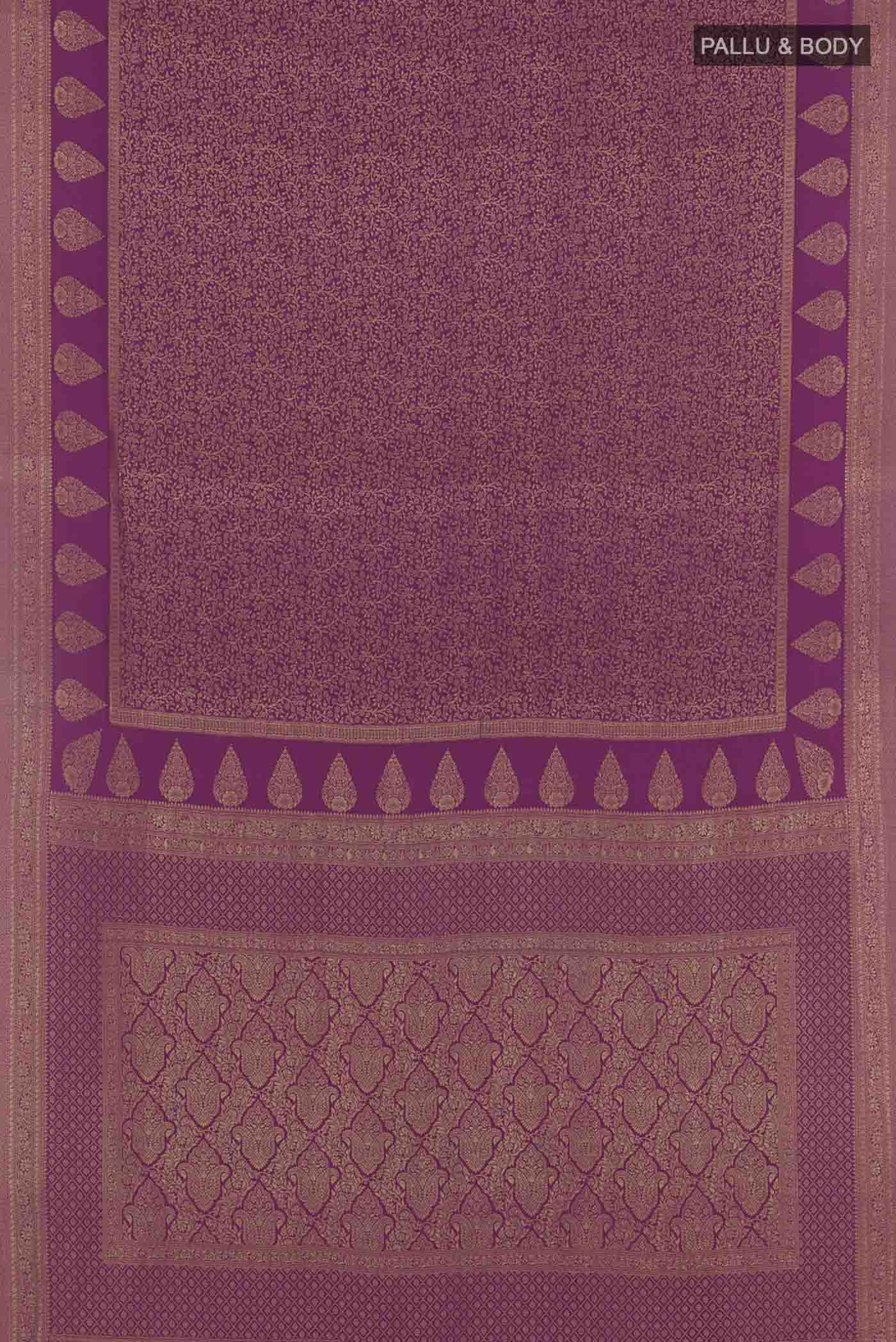 Flat view of Purple Mysore Crepe Saree with Zari Brocade on the body and Zari Border. 