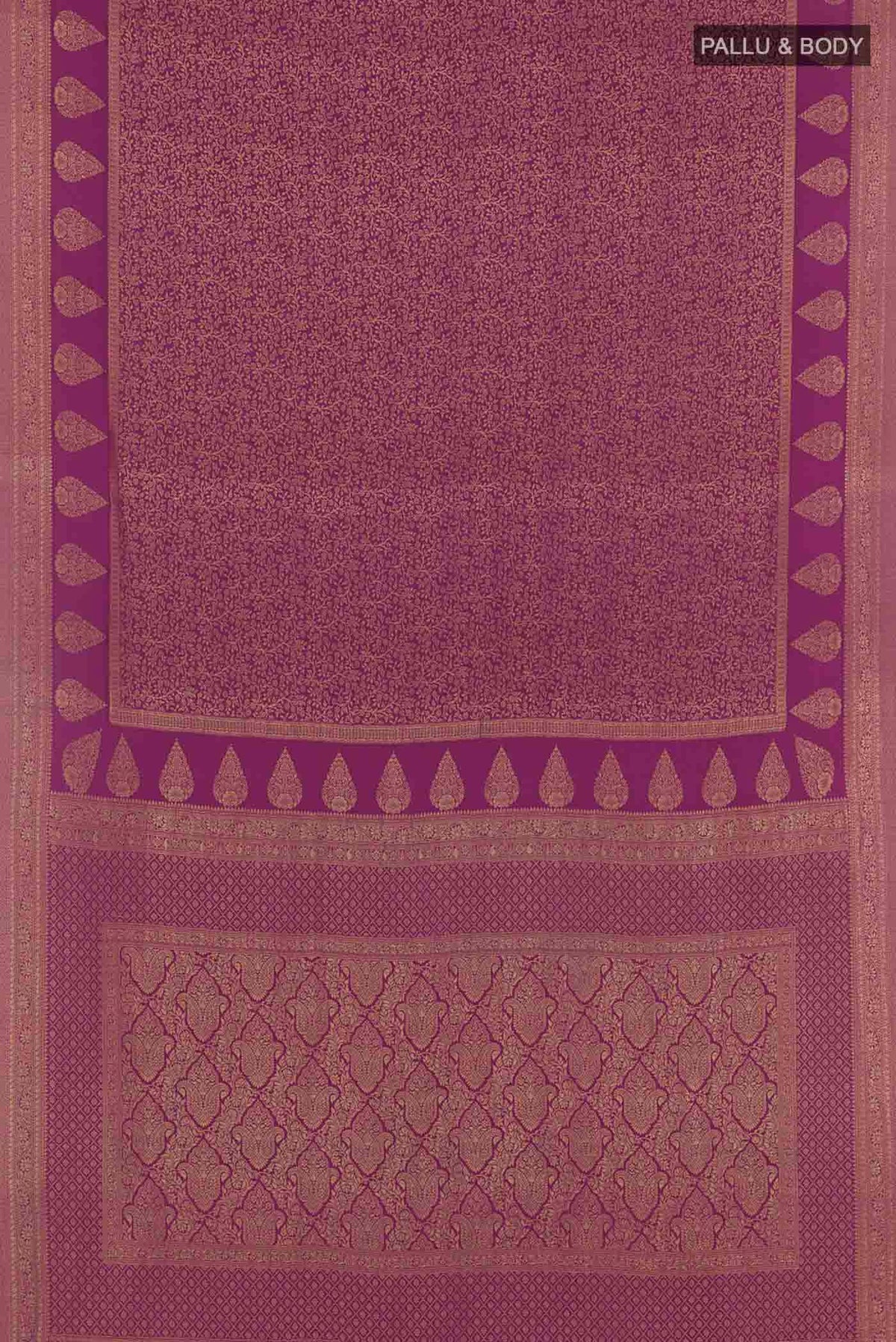 Flat view of Purple Mysore Crepe Saree with Zari Brocade on the body and Zari Border. 