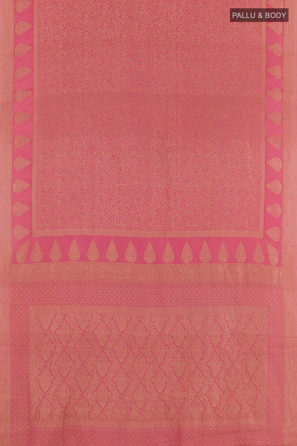 Flat view of Pink Mysore Crepe Saree with Zari Brocade on the body and Zari Border. 