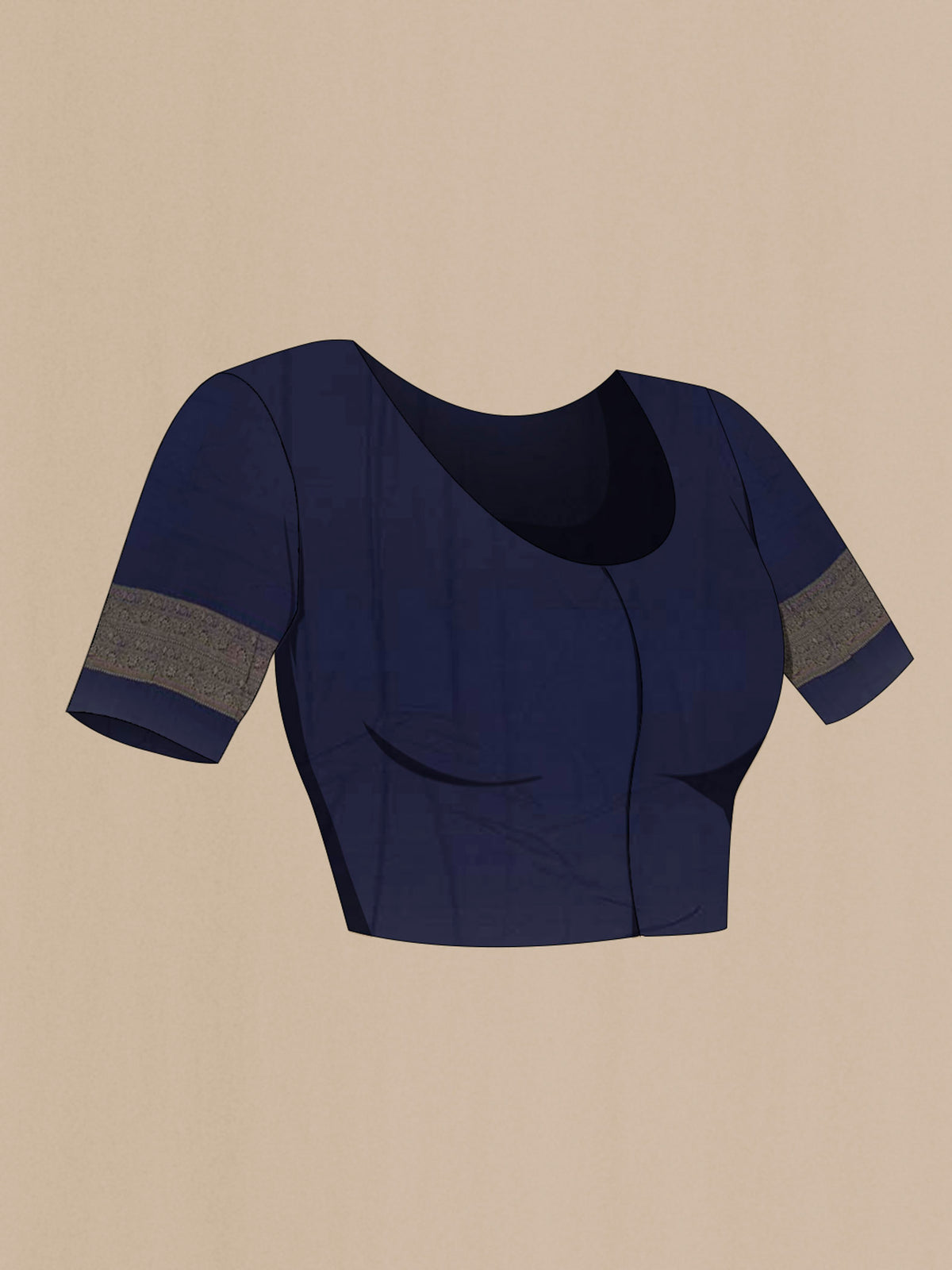 Close up image of the blouse of Blue Mysore Crepe Saree with Zari Brocade on the body and Zari Border. 