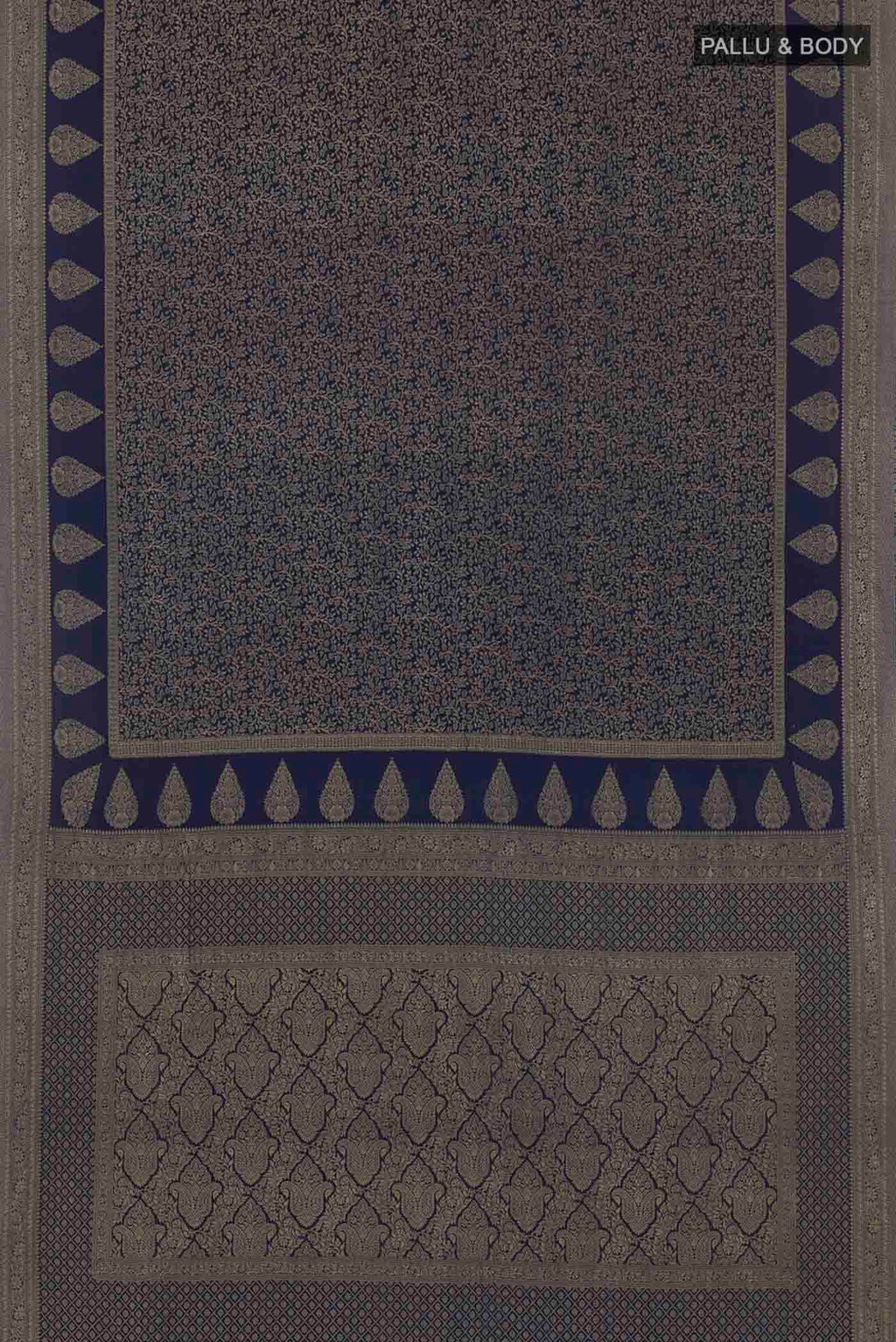 Flat view of Blue Mysore Crepe Saree with Zari Brocade on the body and Zari Border. 