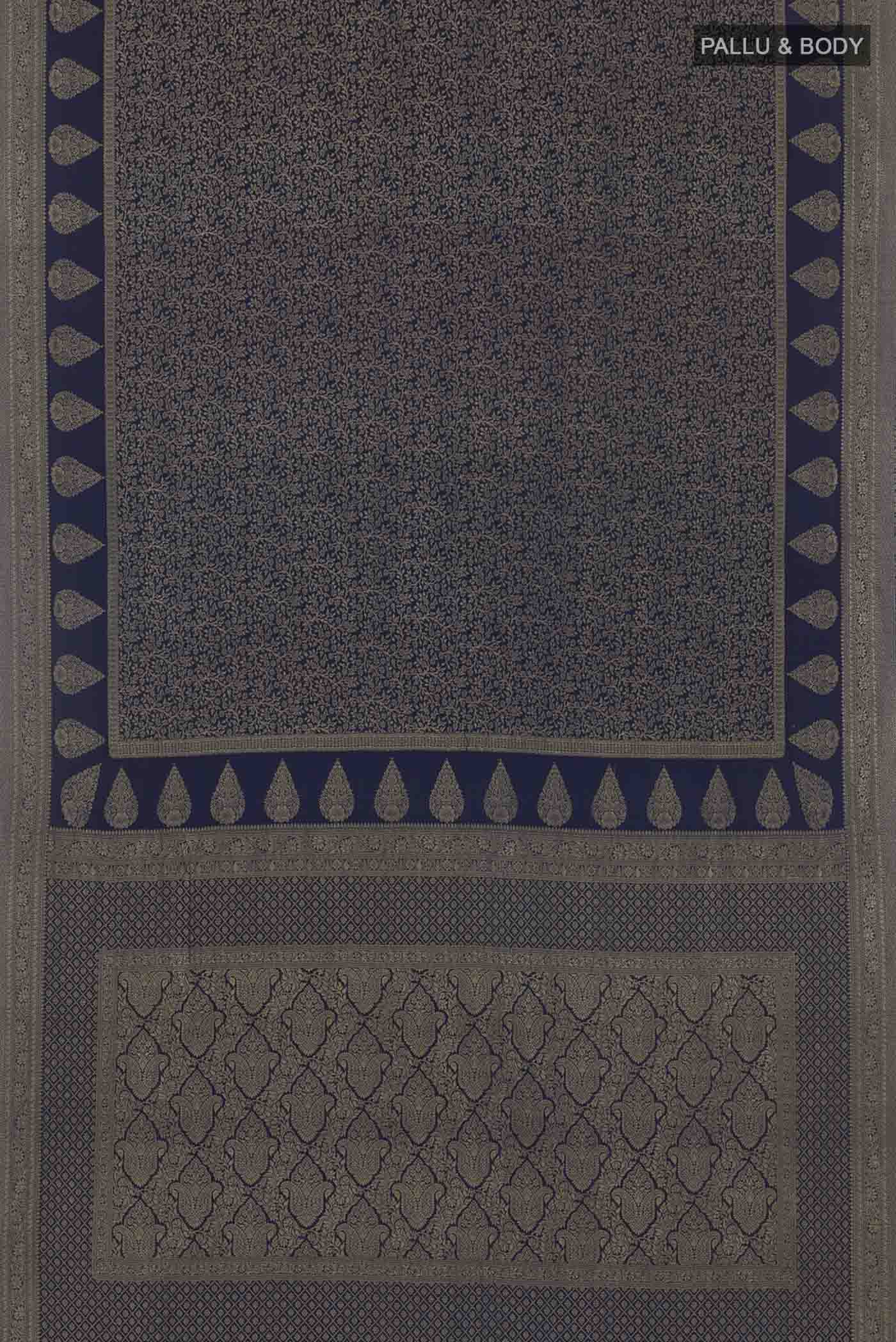 Flat view of Blue Mysore Crepe Saree with Zari Brocade on the body and Zari Border. 
