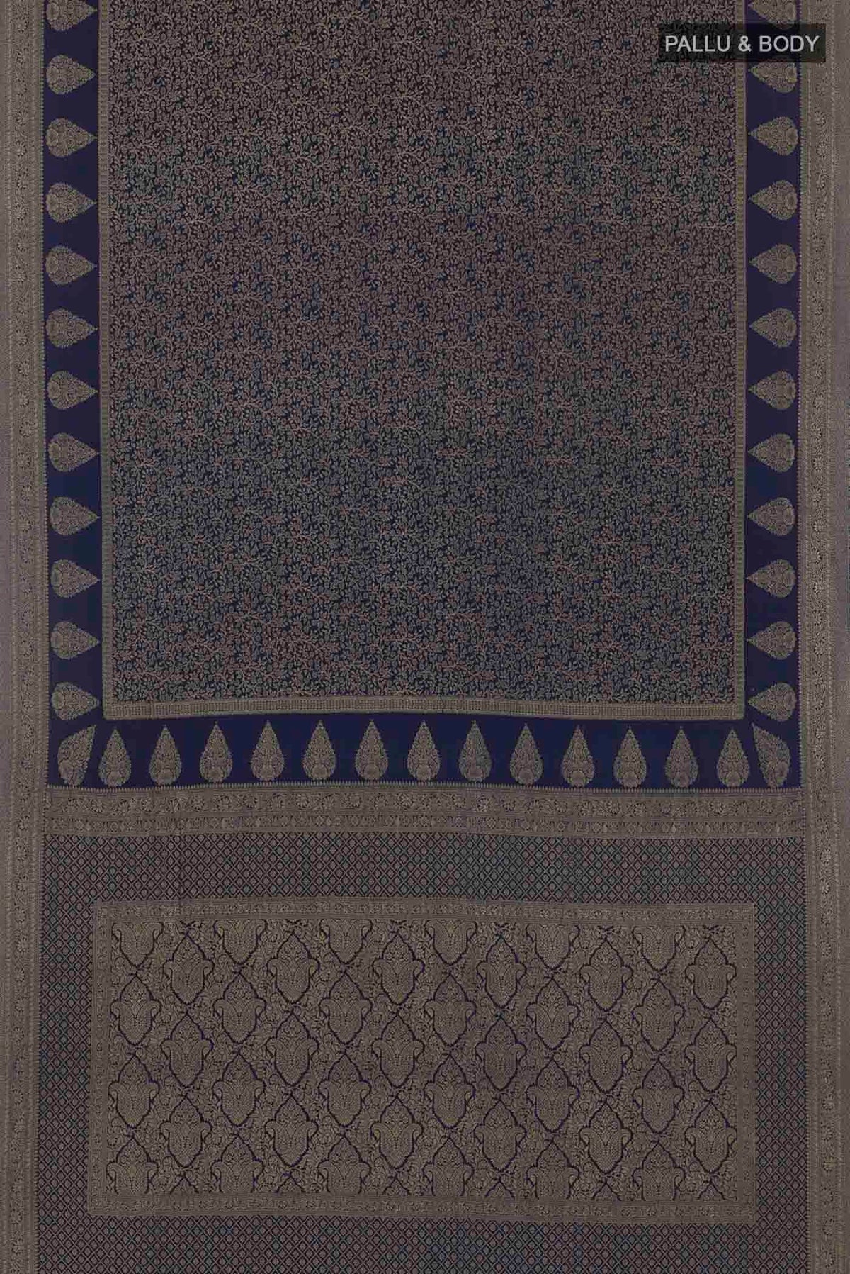 Flat view of Blue Mysore Crepe Saree with Zari Brocade on the body and Zari Border. 