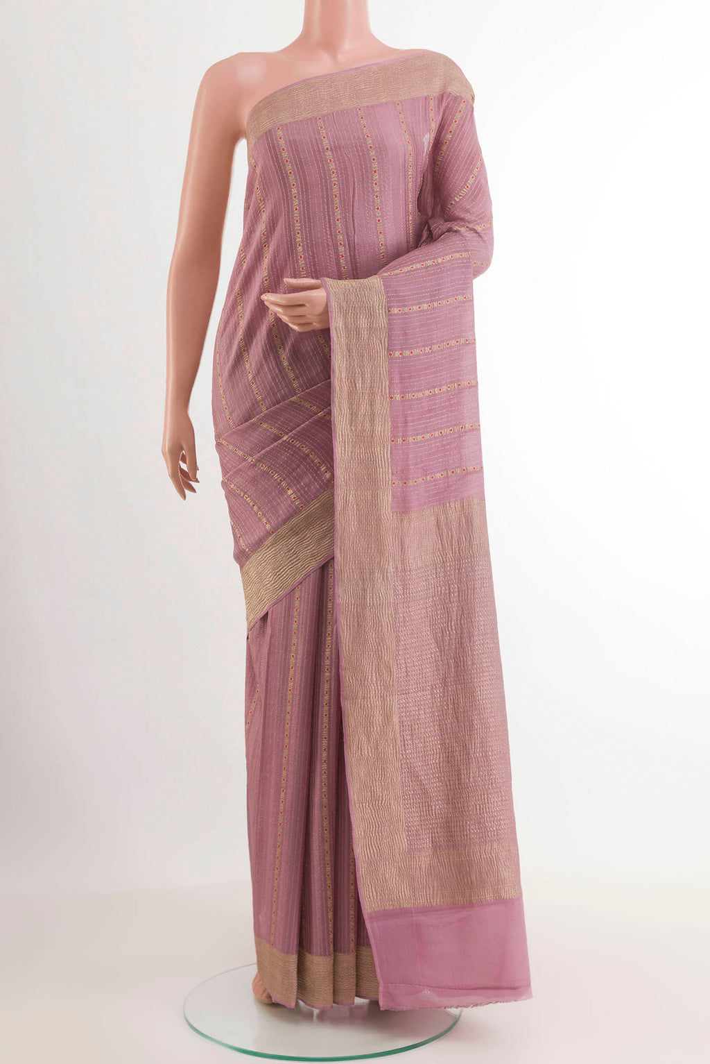 Lavender Mysore Crepe Saree with Stripes on the body and Plain Border.  displayed on a mannequin