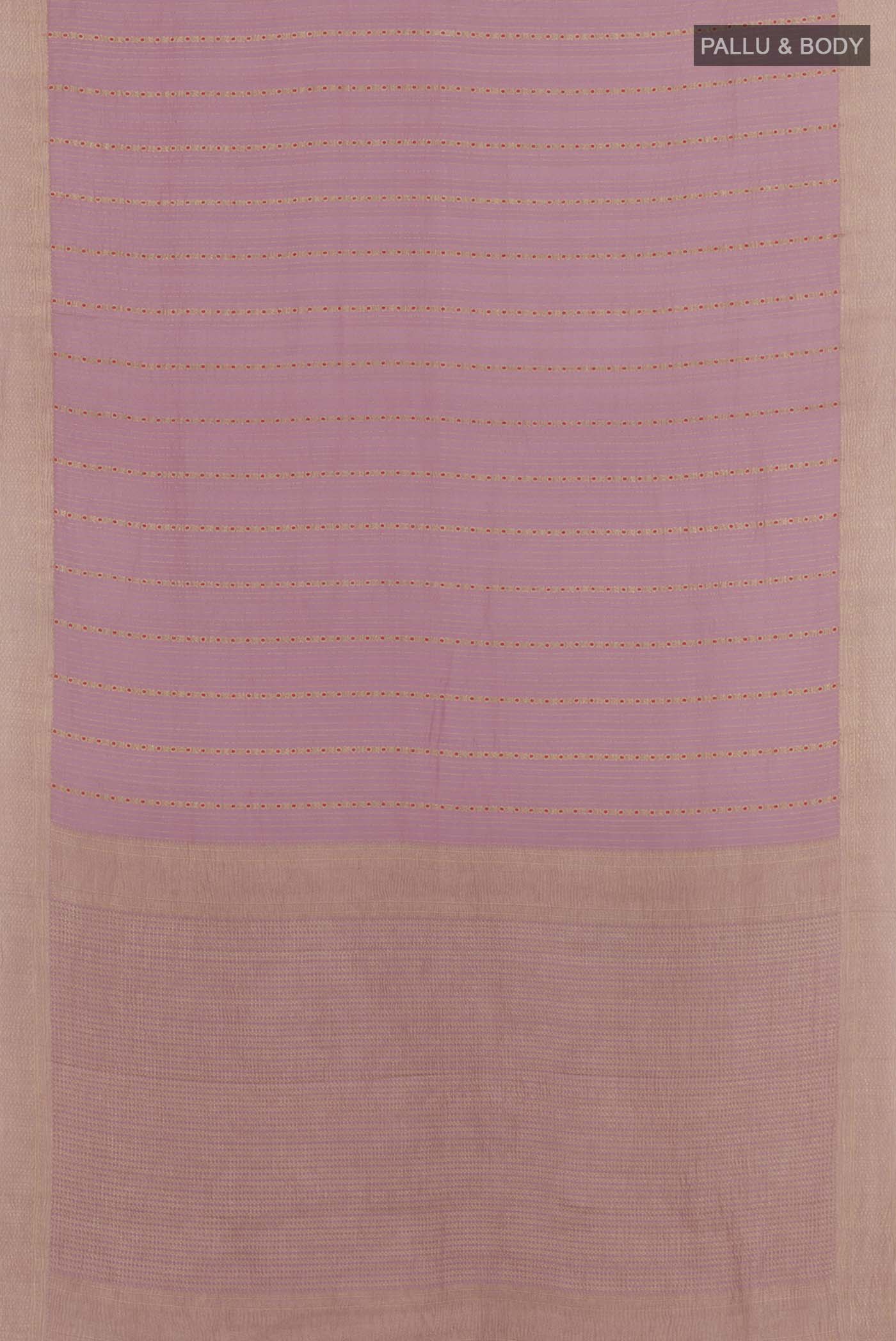 Flat view of Lavender Mysore Crepe Saree with Stripes on the body and Plain Border. 