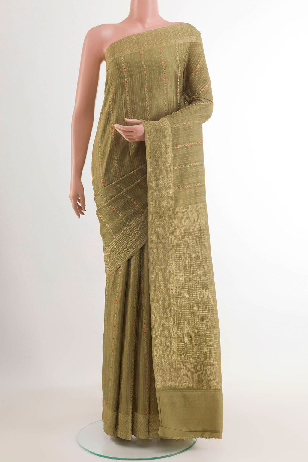 Beige Mysore Crepe Saree with Stripes on the body and Plain Border.  displayed on a mannequin