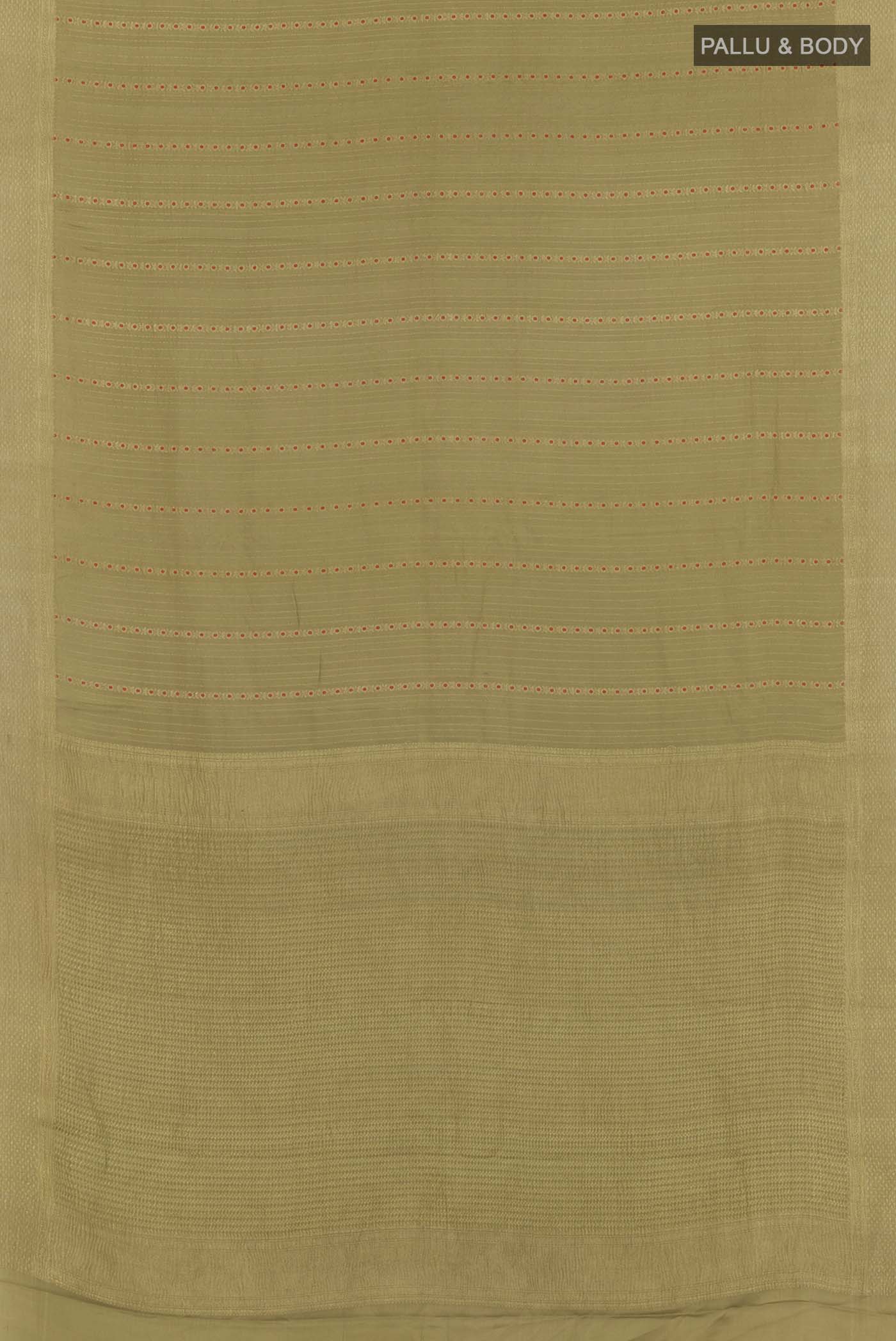 Flat view of Beige Mysore Crepe Saree with Stripes on the body and Plain Border. 