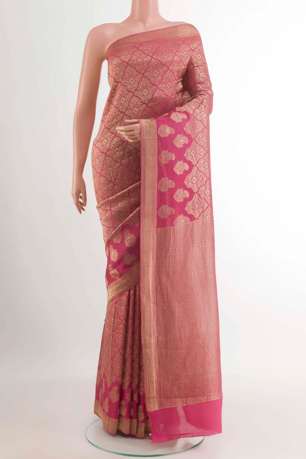 Pink Mysore Crepe Saree with Zari Brocade on the body and Zari Border.  displayed on a mannequin