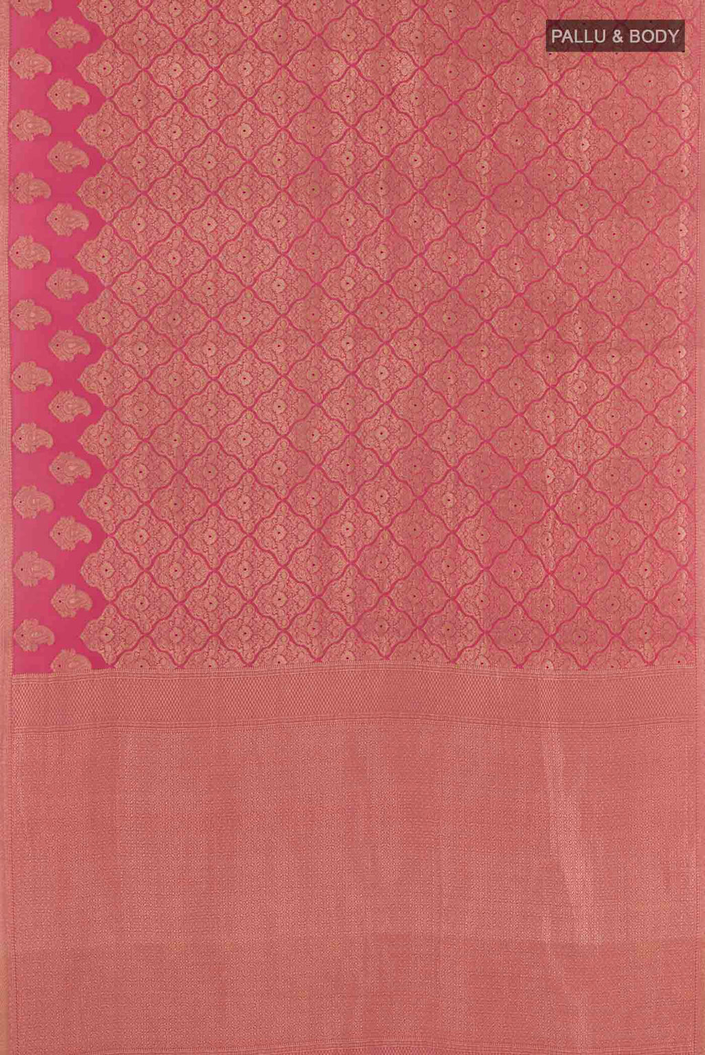 Flat view of Pink Mysore Crepe Saree with Zari Brocade on the body and Zari Border. 