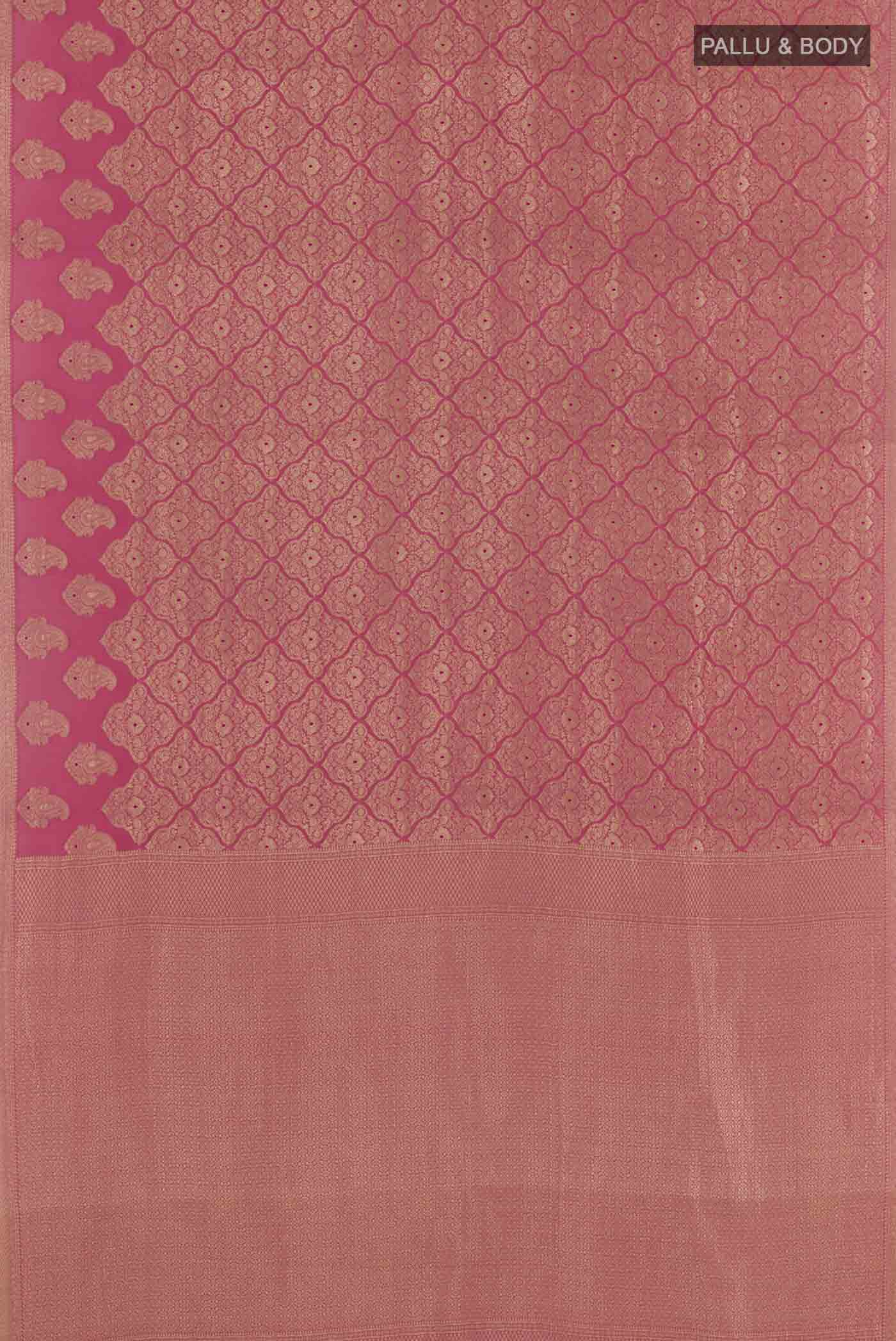 Flat view of Pink Mysore Crepe Saree with Zari Brocade on the body and Zari Border. 