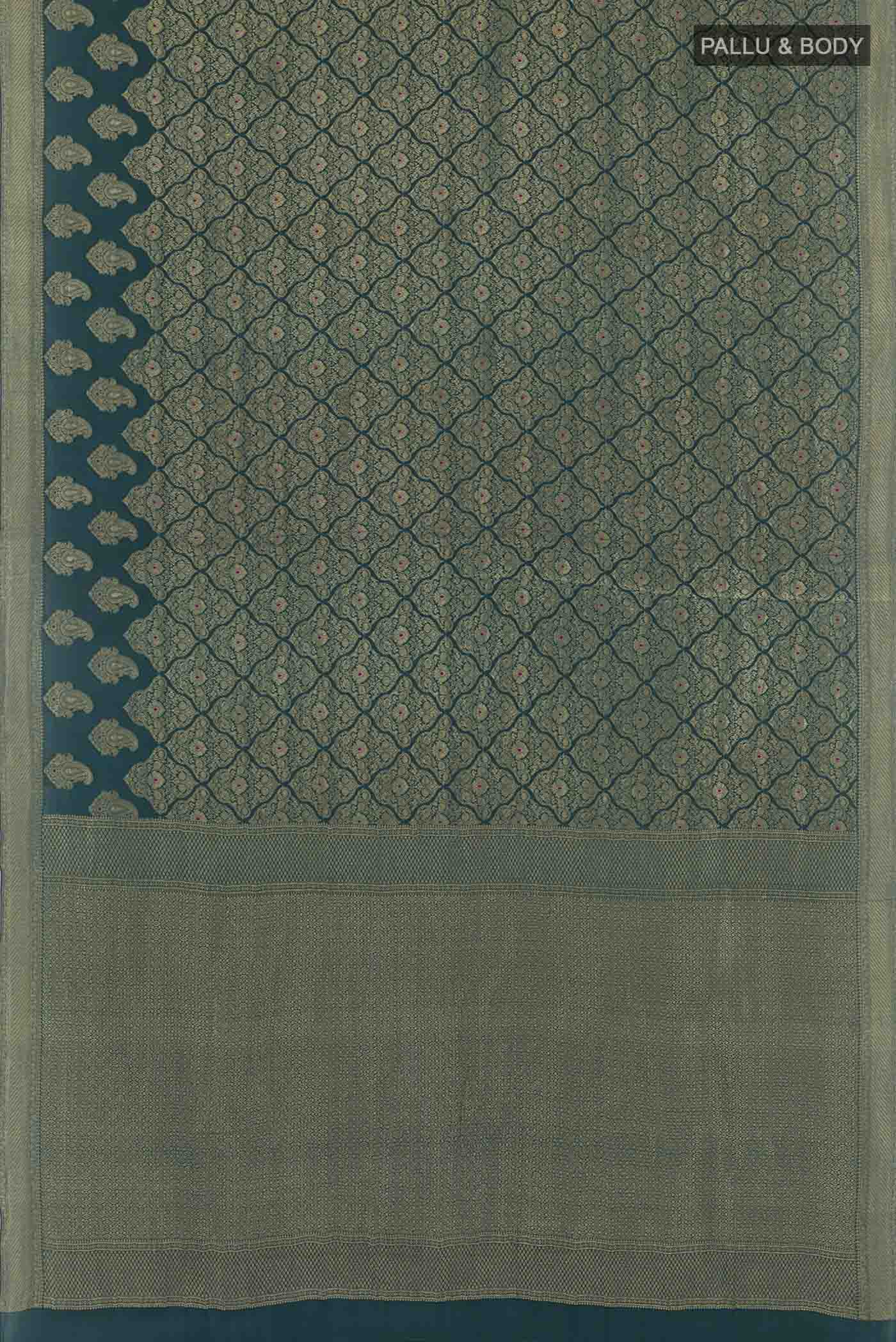 Flat view of Teal Mysore Crepe Saree with Zari Brocade on the body and Zari Border. 