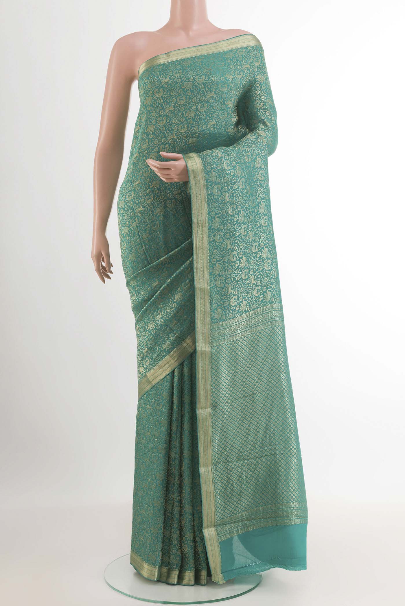 Blue Mysore Crepe Saree with Zari Brocade on the body and Zari Border.  displayed on a mannequin