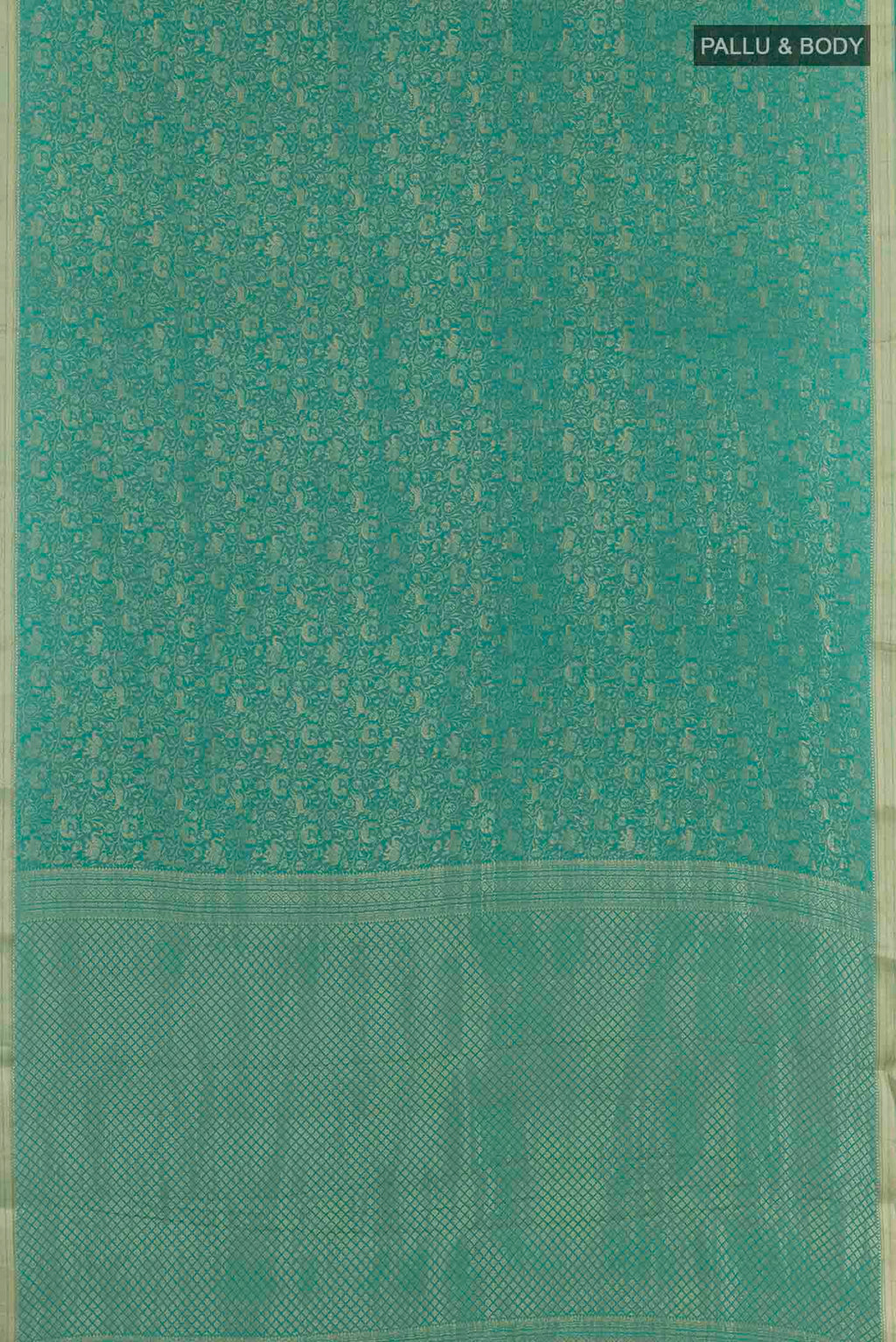 Flat view of Blue Mysore Crepe Saree with Zari Brocade on the body and Zari Border. 