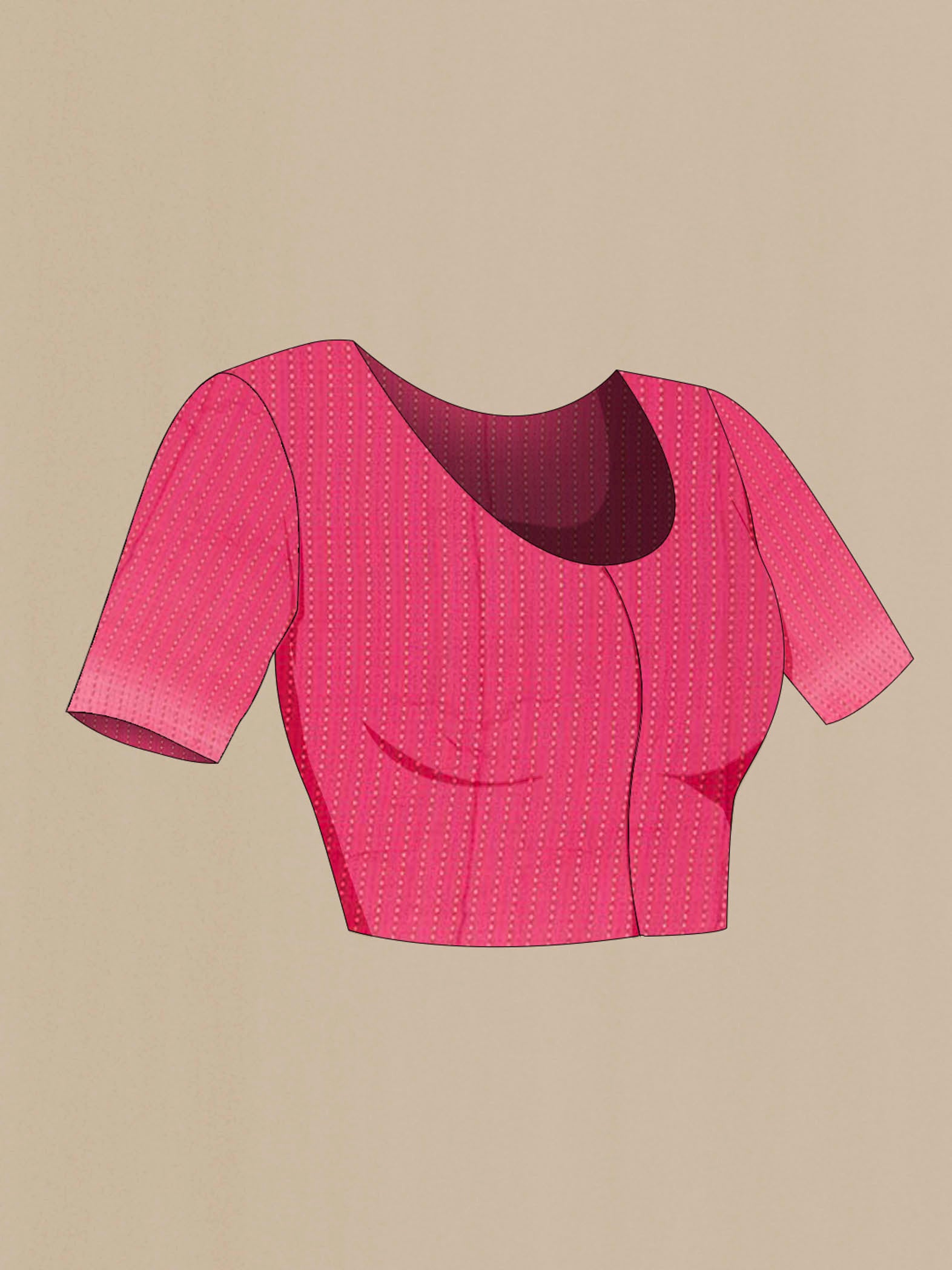 Close up image of the blouse of Pink Mysore Crepe Saree with Plain Body and Zari Border. 