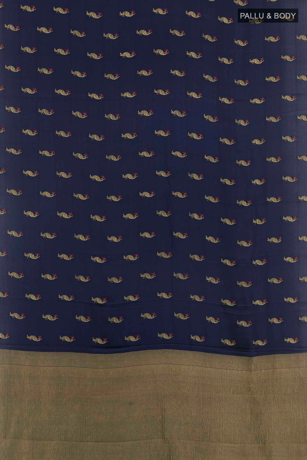 Flat view of Blue Mysore Crepe Saree with Zari Brocade on the body and Zari Border. 