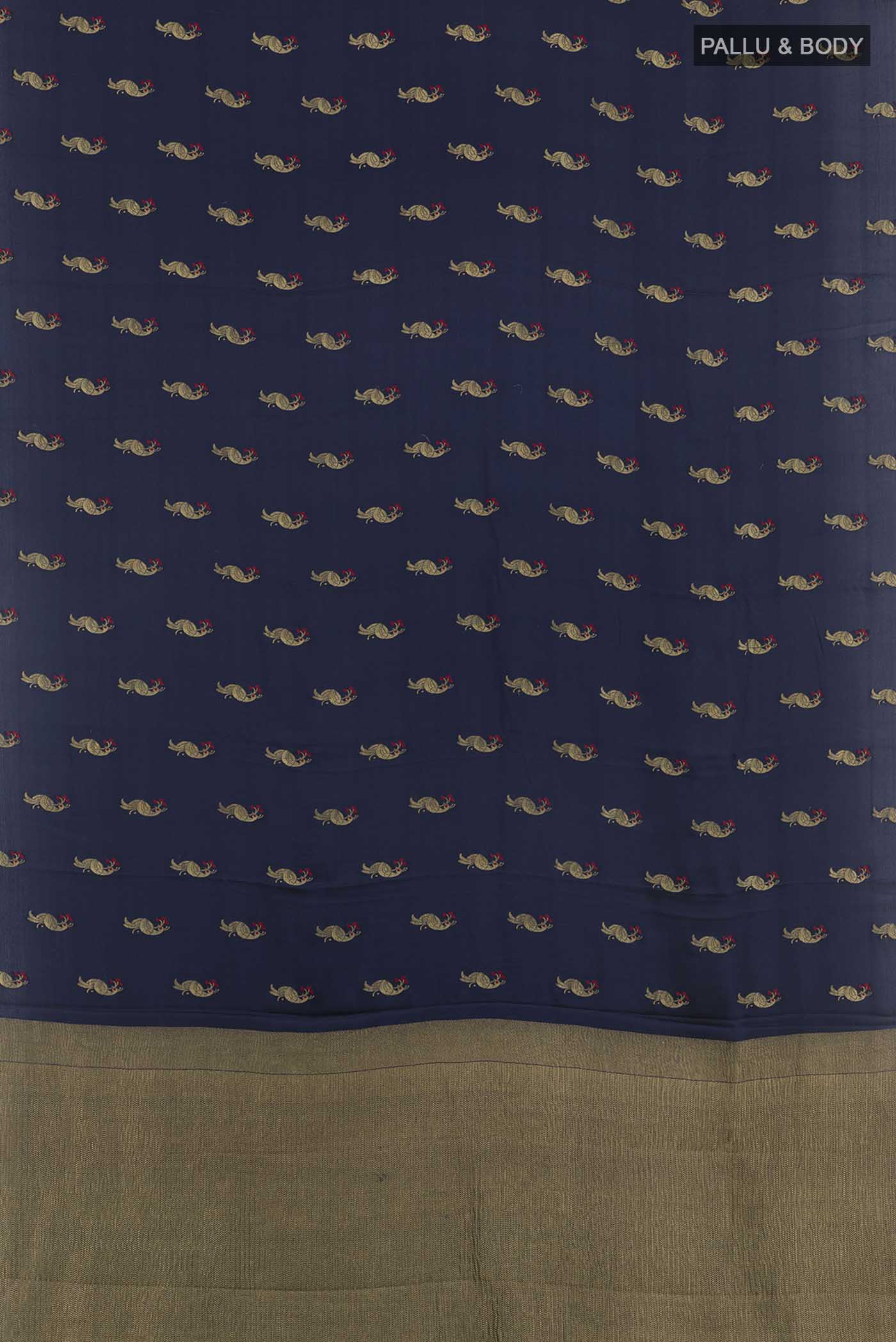 Flat view of Blue Mysore Crepe Saree with Zari Brocade on the body and Zari Border. 