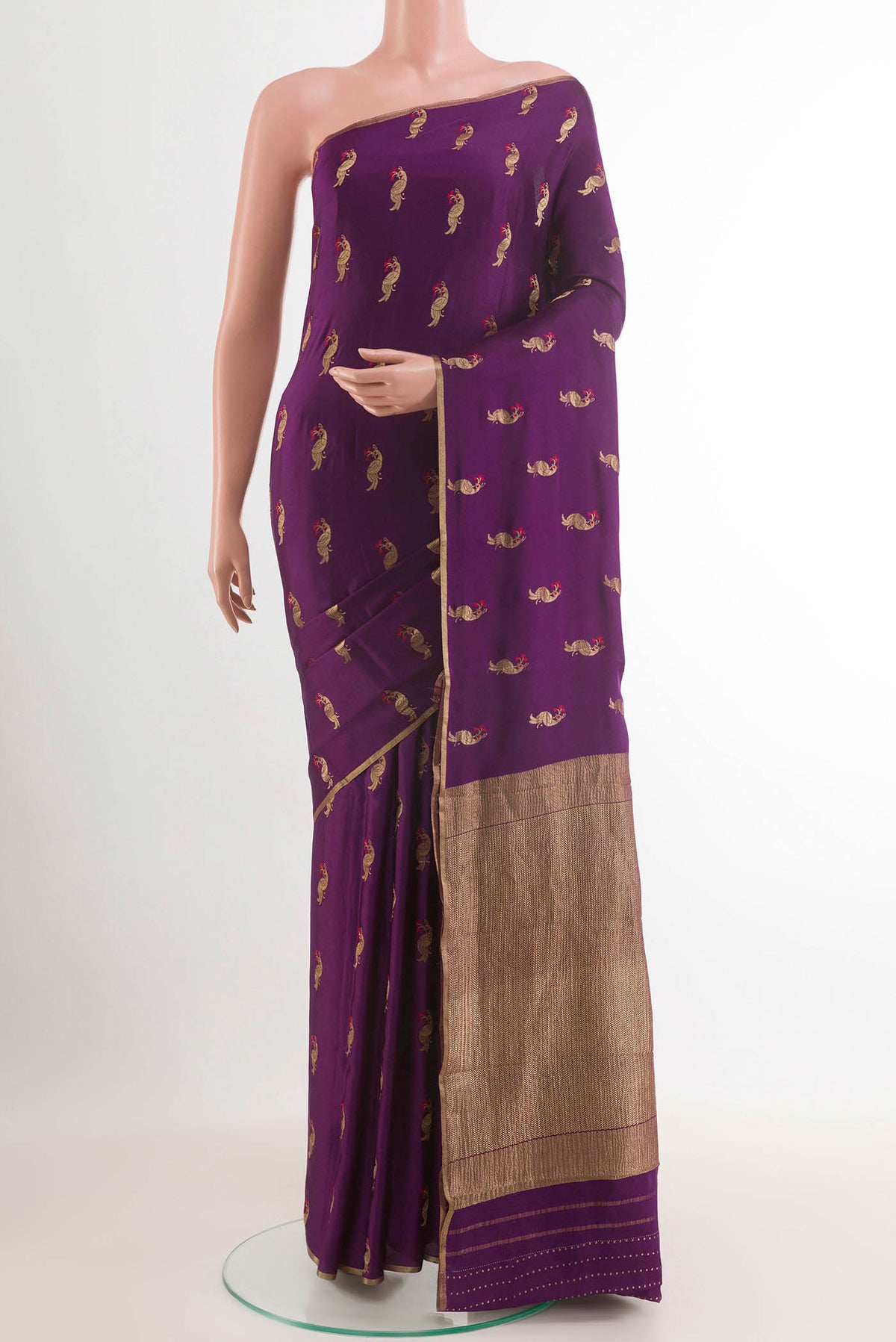 Purple Mysore Crepe Saree with Zari Butta on the body and Zari Border.  displayed on a mannequin