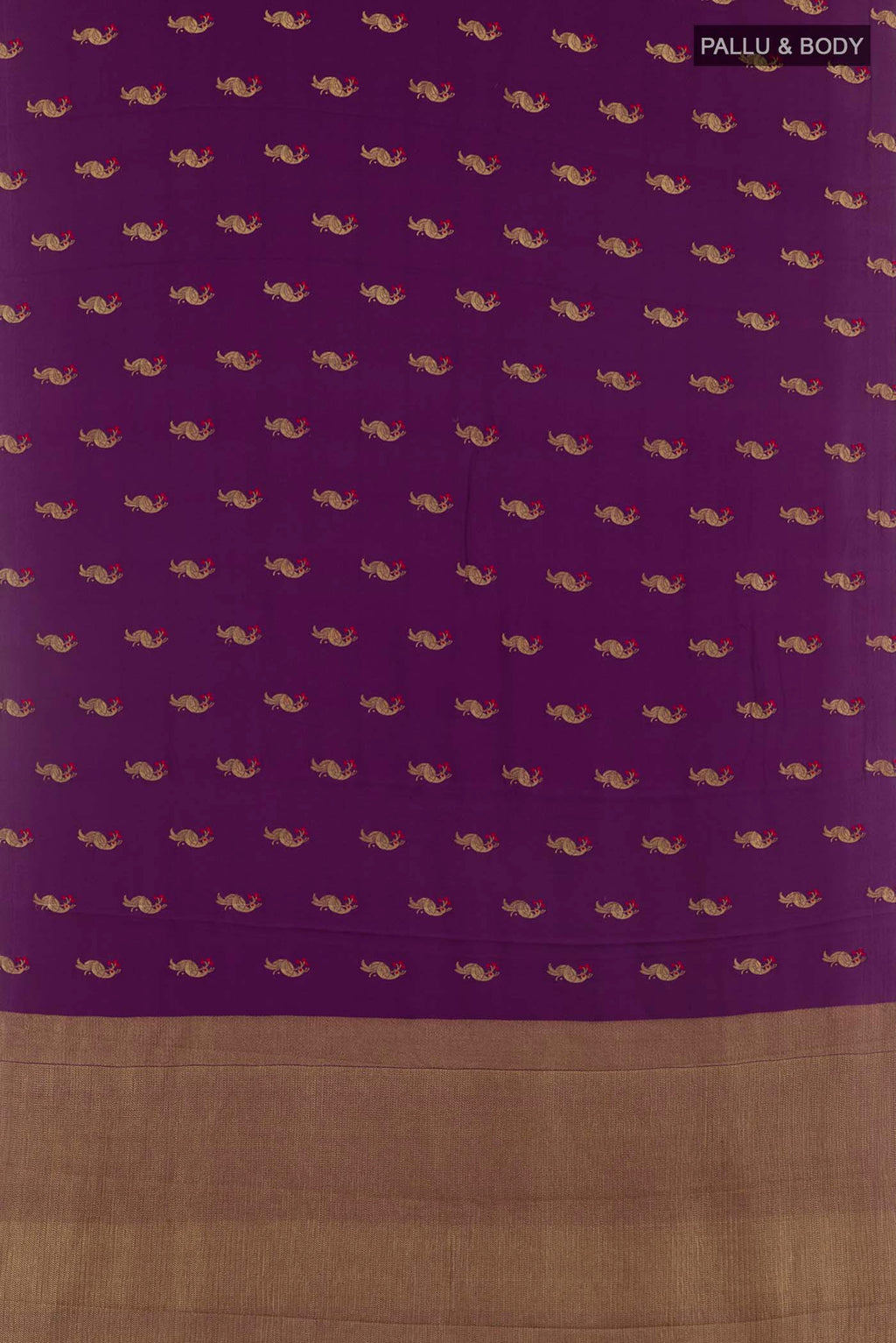 Flat view of Purple Mysore Crepe Saree with Zari Butta on the body and Zari Border. 