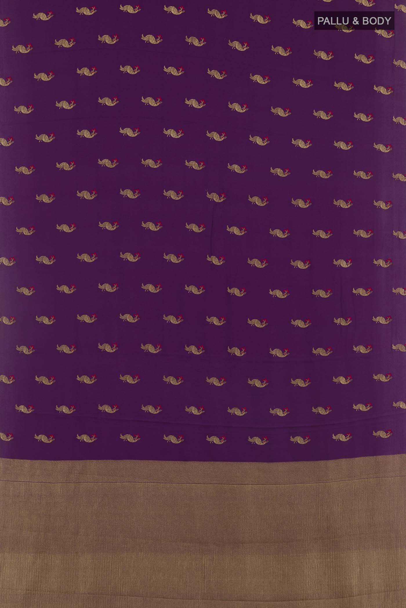 Flat view of Purple Mysore Crepe Saree with Zari Butta on the body and Zari Border. 