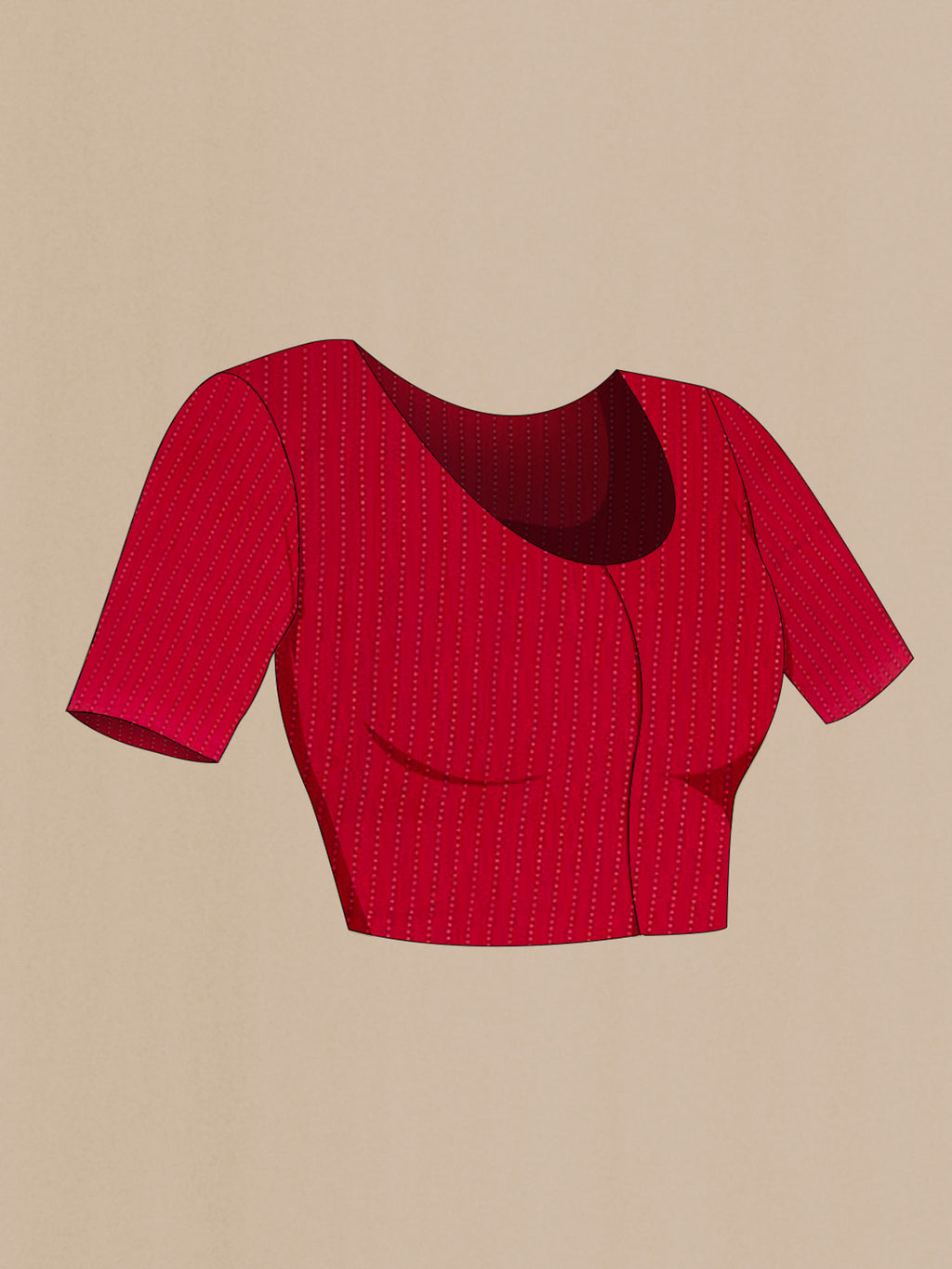 Close up image of the blouse of Red Mysore Crepe Saree with Zari Butta on the body and Zari Border. 