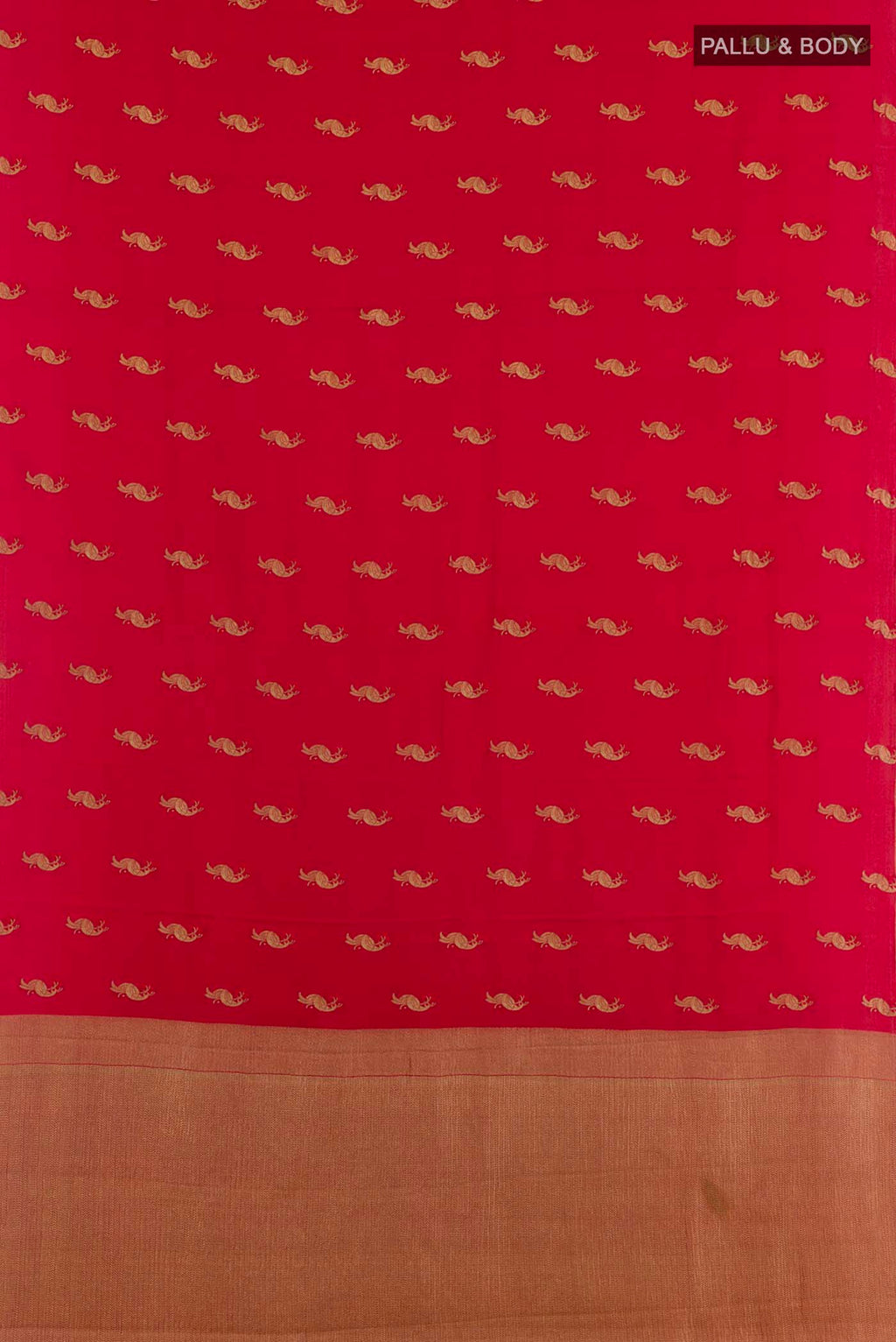 Flat view of Red Mysore Crepe Saree with Zari Butta on the body and Zari Border. 