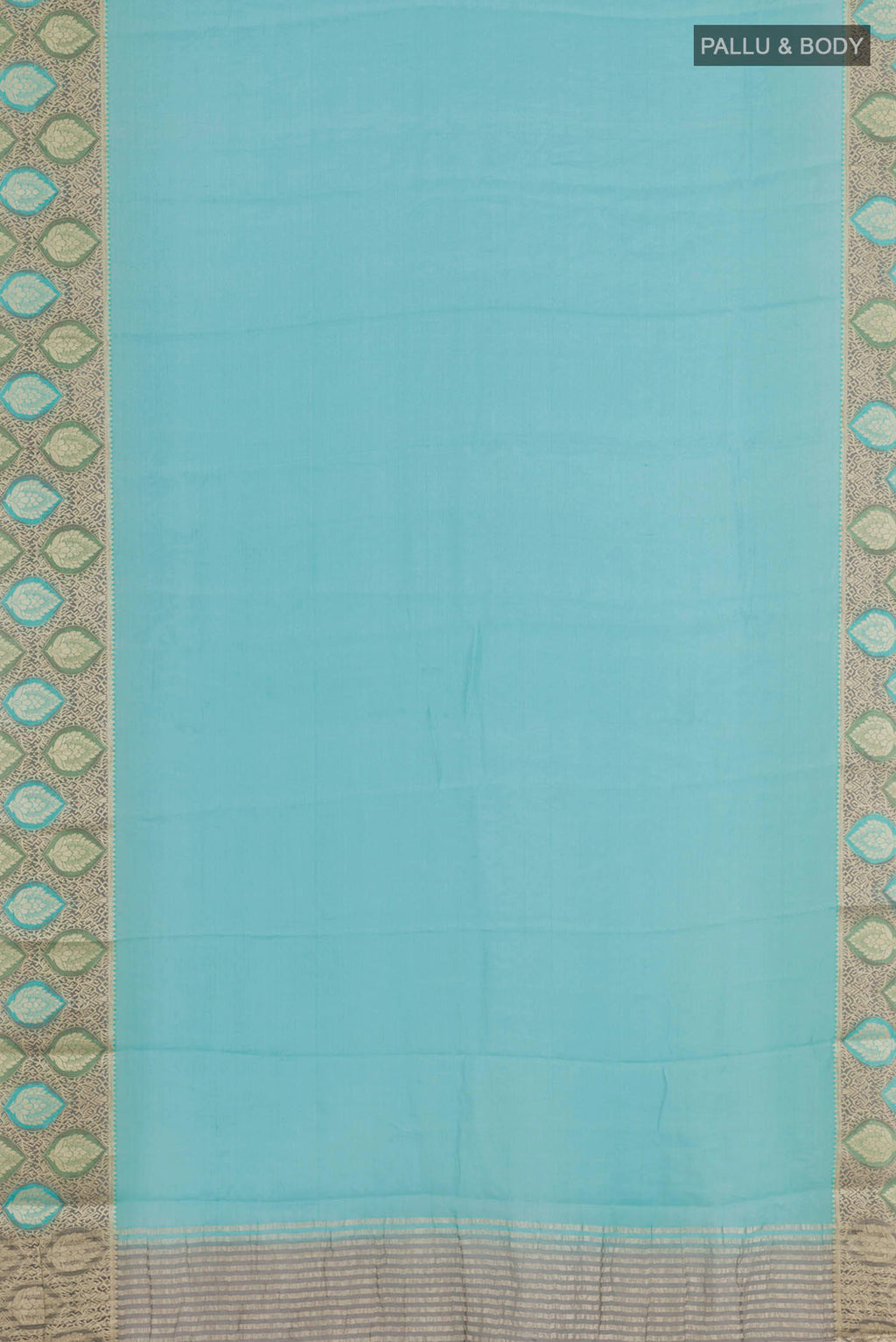 Flat view of Blue Mysore Georgette Saree with Plain Body and Zari Border. 