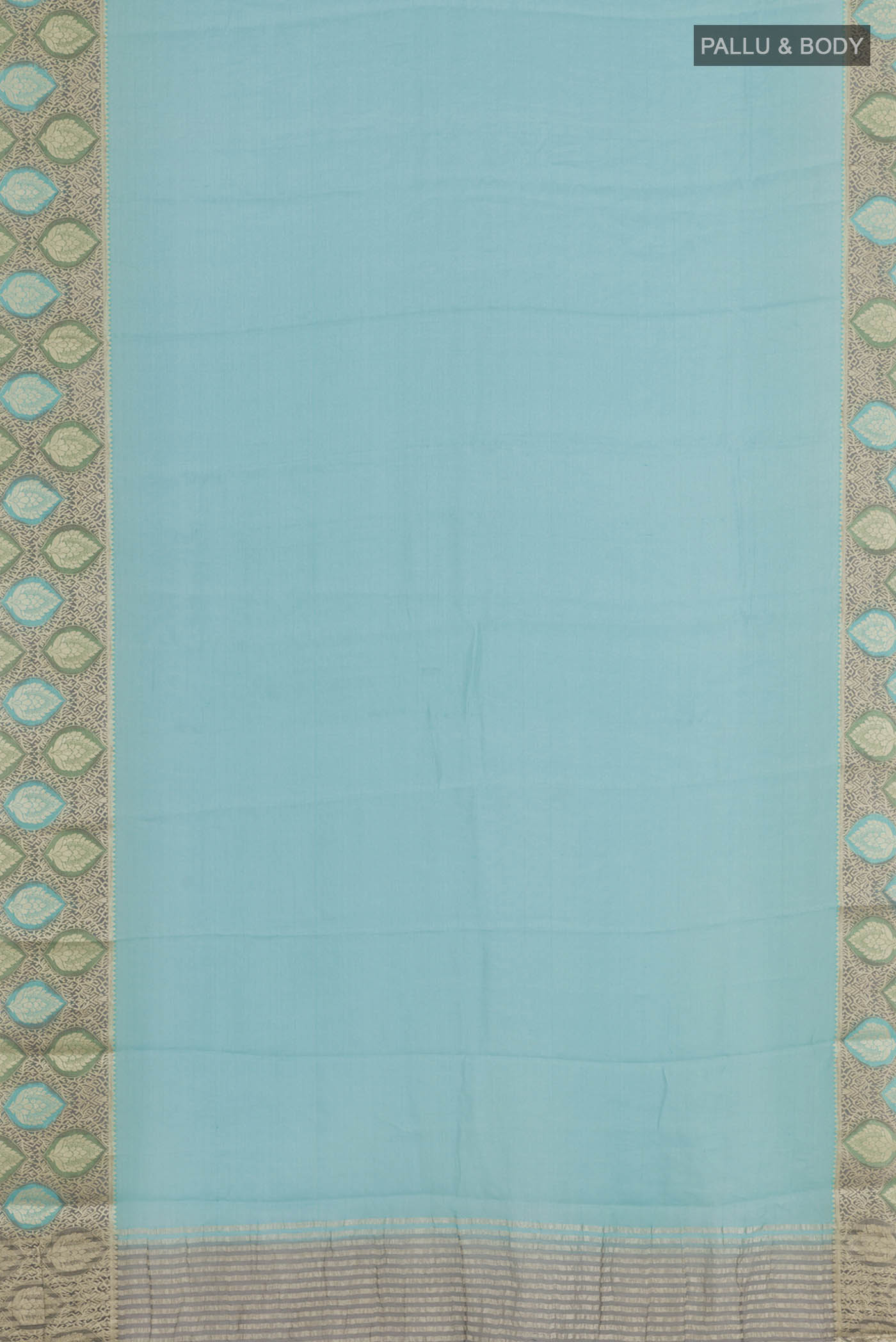 Flat view of Blue Mysore Georgette Saree with Plain Body and Zari Border. 