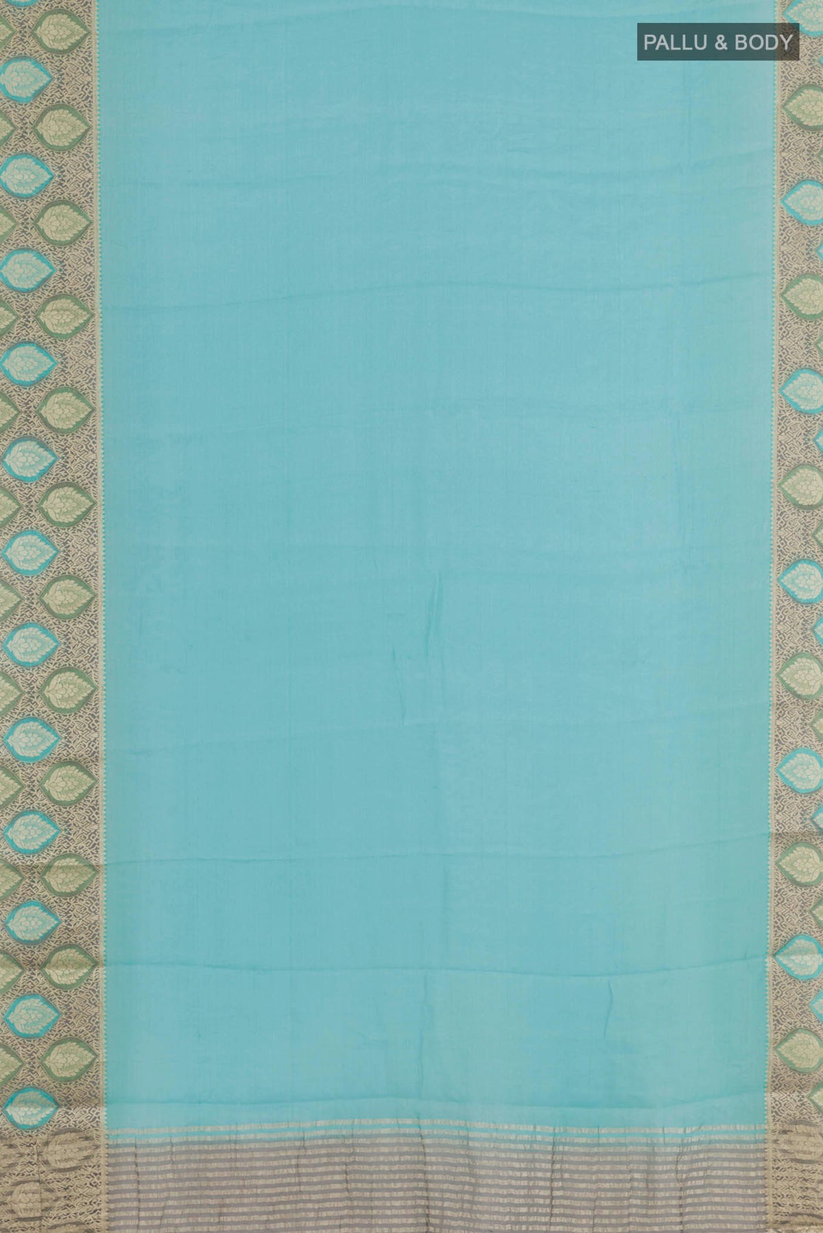 Flat view of Blue Mysore Georgette Saree with Plain Body and Zari Border. 