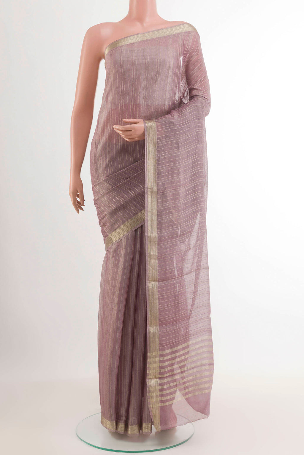 Lilac Mysore Crepe Saree with Stripes on the body and Plain Border.  displayed on a mannequin