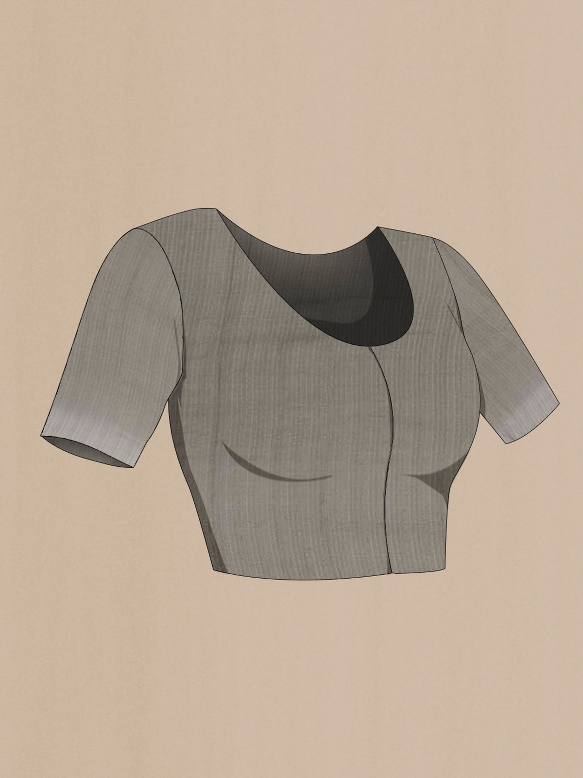 Close up image of the blouse of Grey Mysore Crepe Saree with Plain Body and Zari Border. 