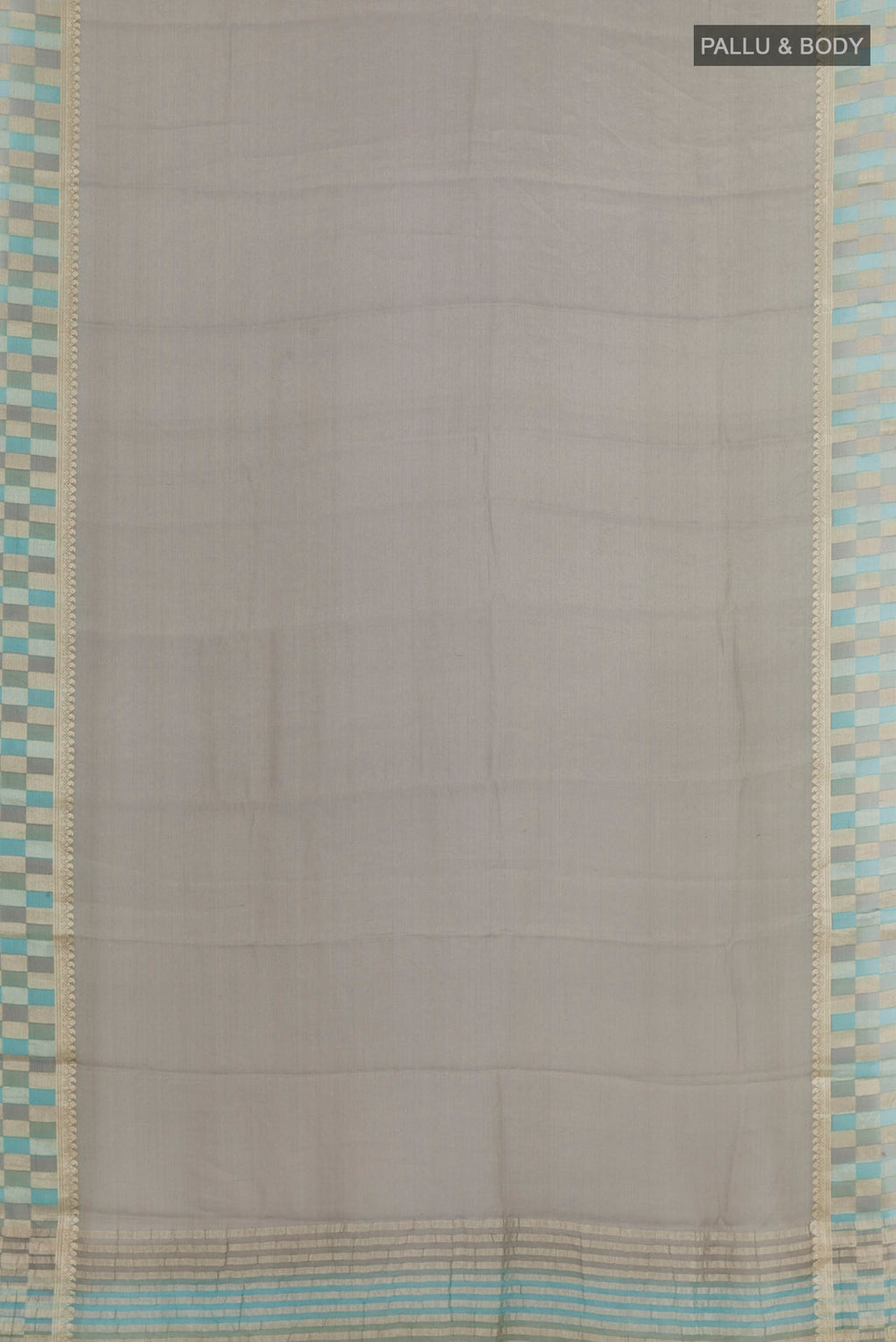 Flat view of Grey Mysore Crepe Saree with Plain Body and Zari Border. 