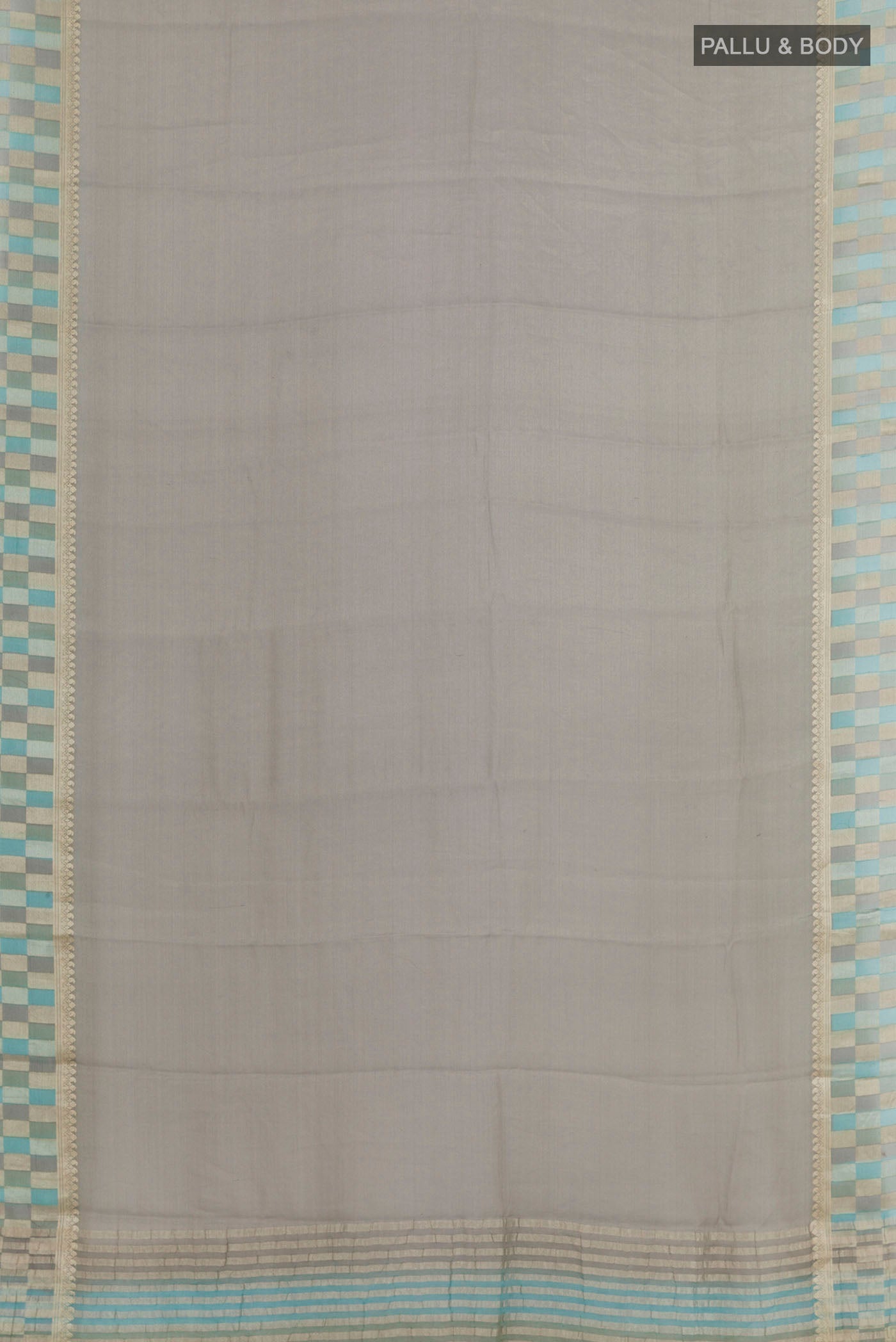 Flat view of Grey Mysore Crepe Saree with Plain Body and Zari Border. 
