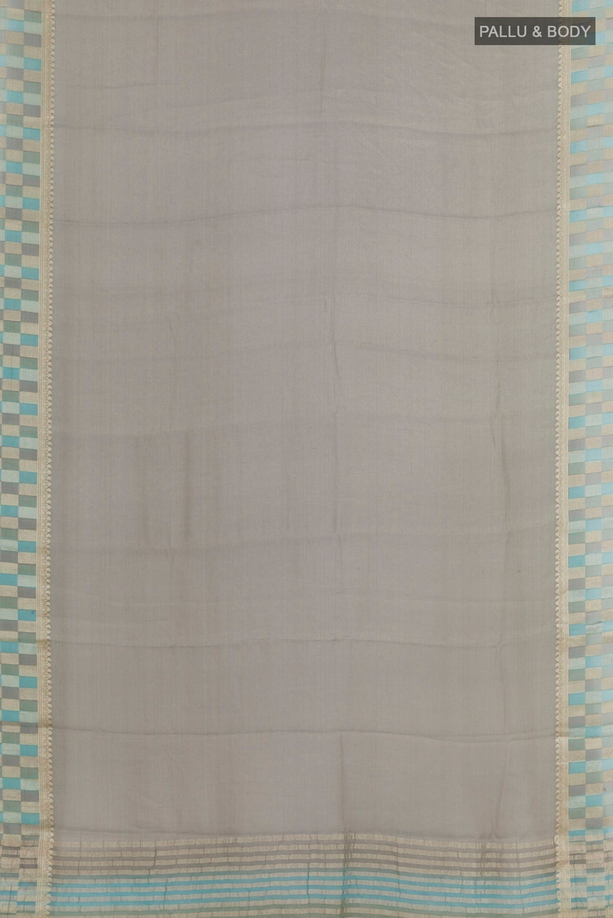 Flat view of Grey Mysore Crepe Saree with Plain Body and Zari Border. 