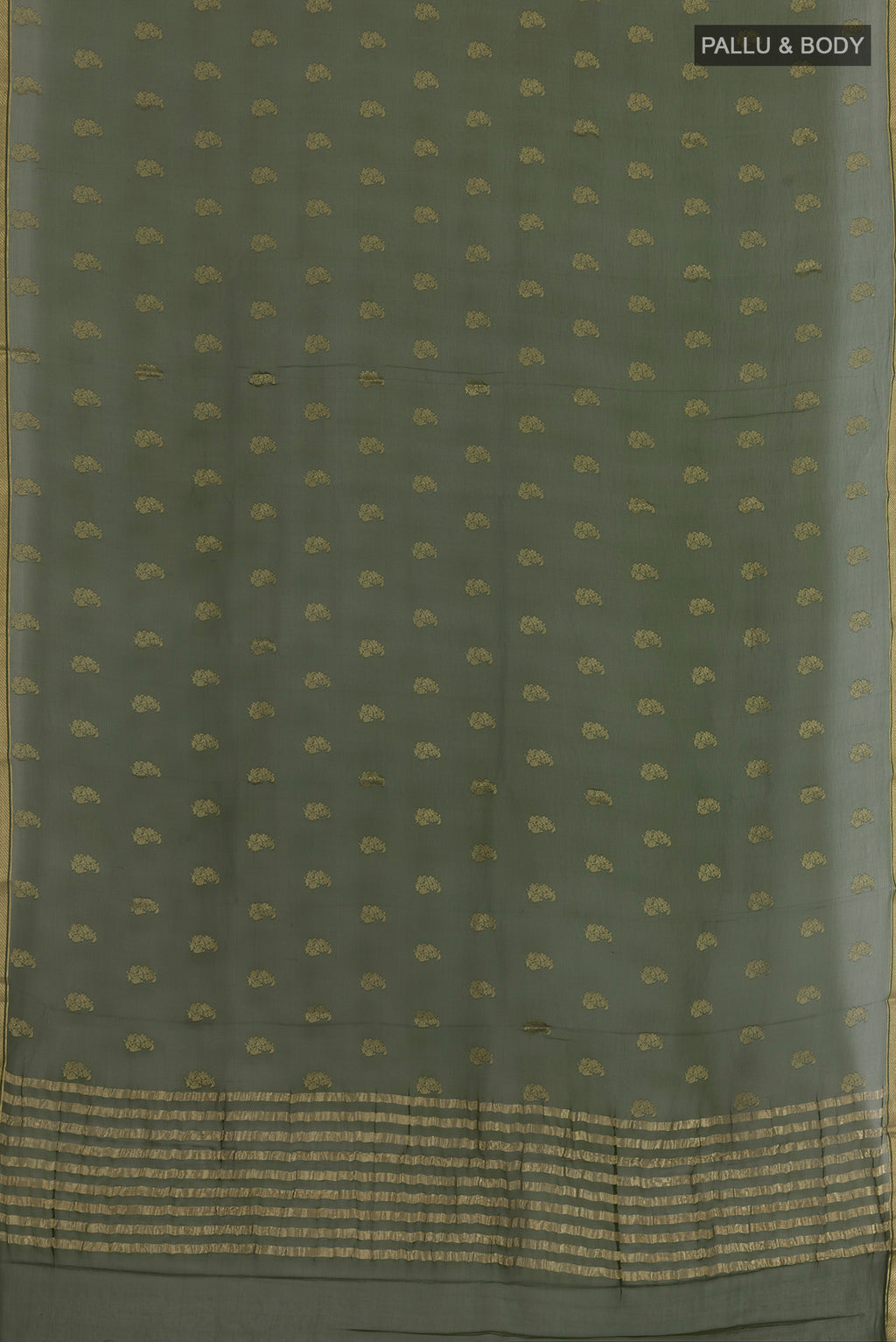 Flat view of Green Mysore Chiffon Saree with Zari Butta on the body and Zari Border. 