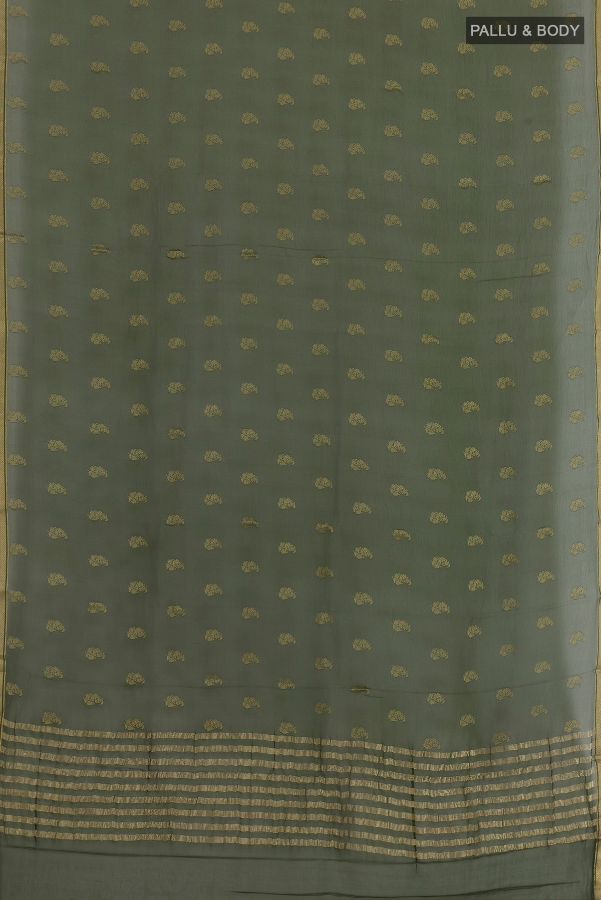 Flat view of Green Mysore Chiffon Saree with Zari Butta on the body and Zari Border. 